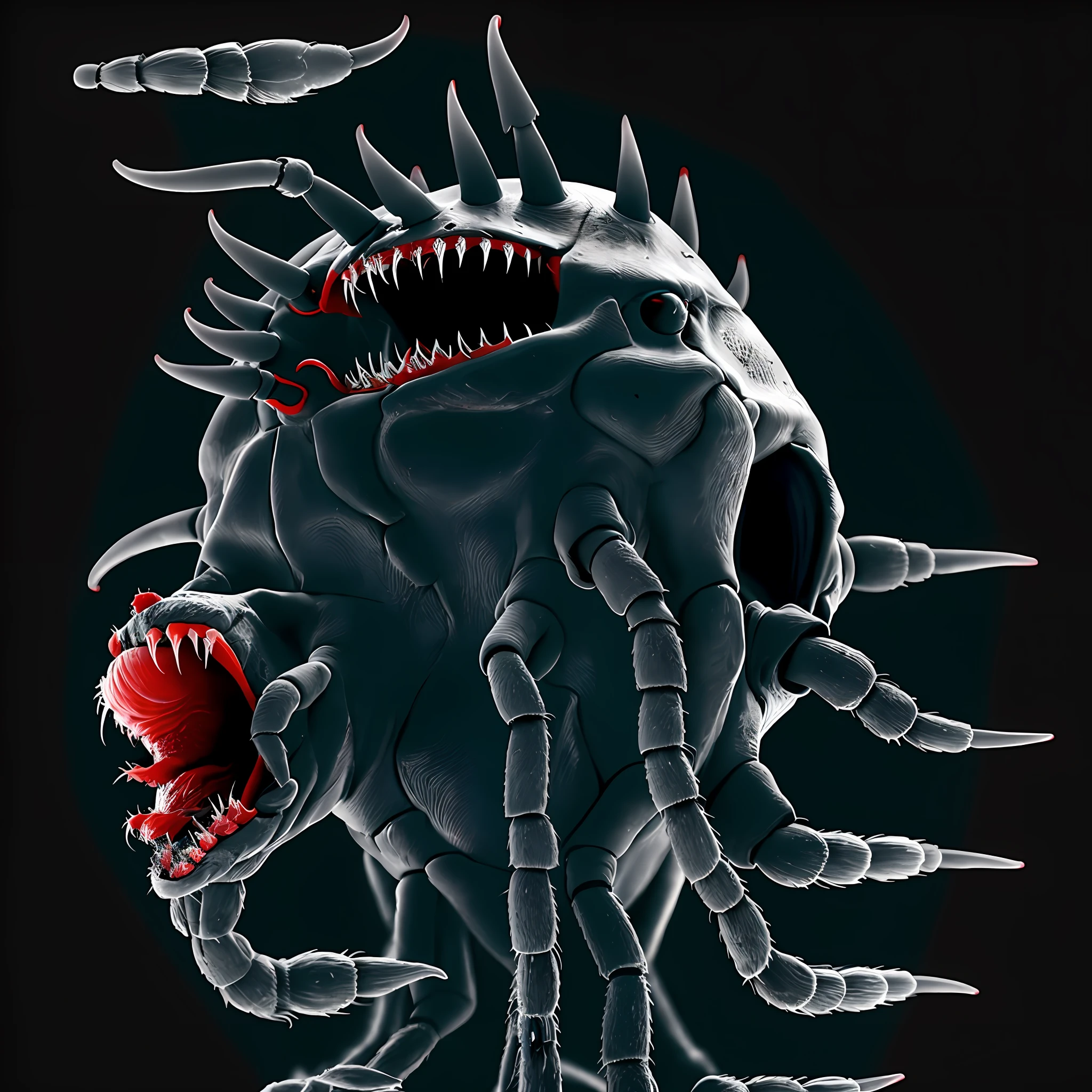 Full body, monster, solo, spikes, teeth, 7 tentacles, giant mouth, long limbs, thick fog, transparent background