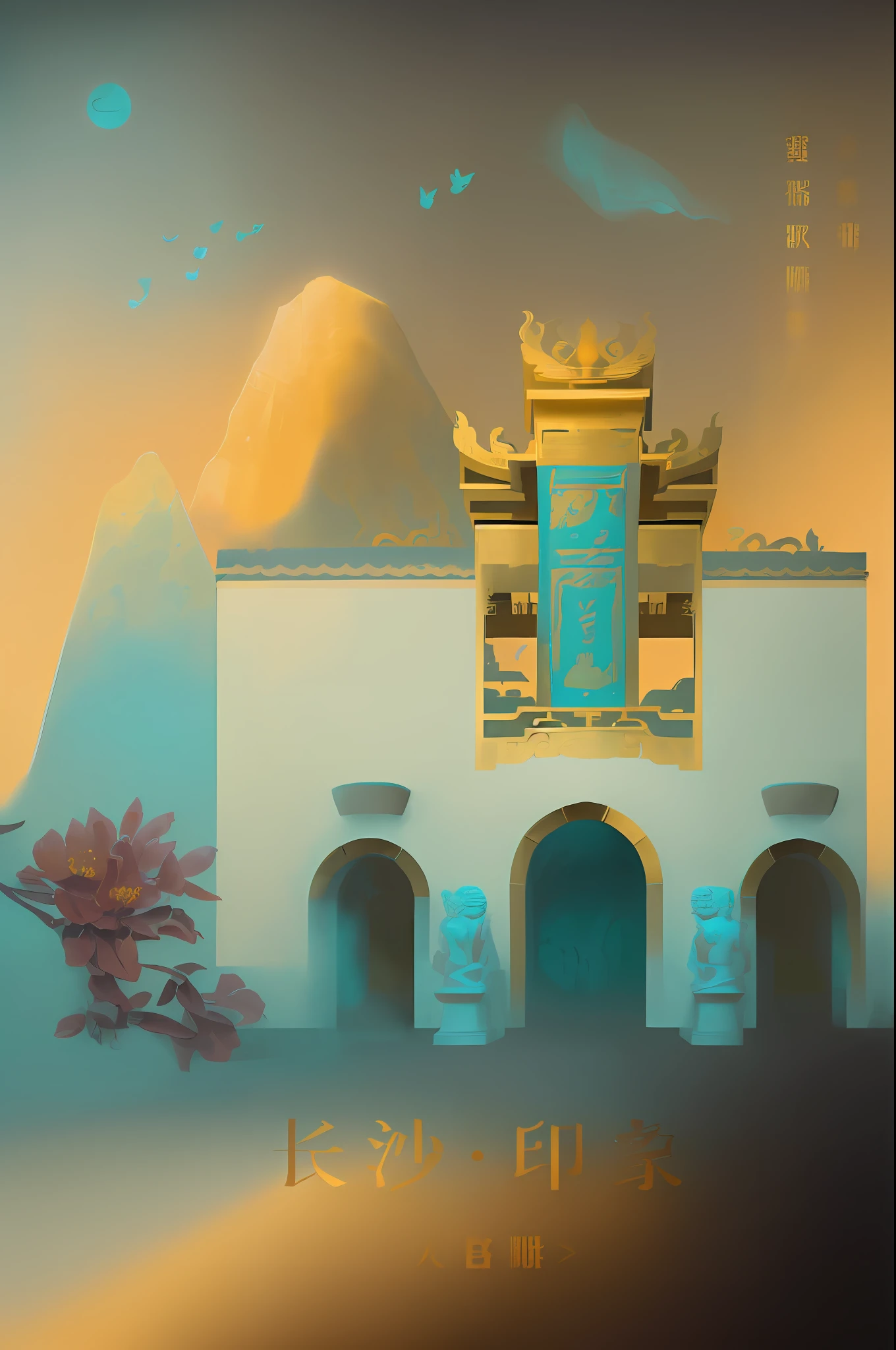 (Brilliant golden light, temple architecture), (delicate texture, fine depiction, sculptural), (elegant silence, mysterious atmosphere), (floral decoration, bow mountain, promenade), (wide cornice, dark tones), (sky blue, turquoise water, breezy face), (deep corridor), (poster), (smoky shrouded)