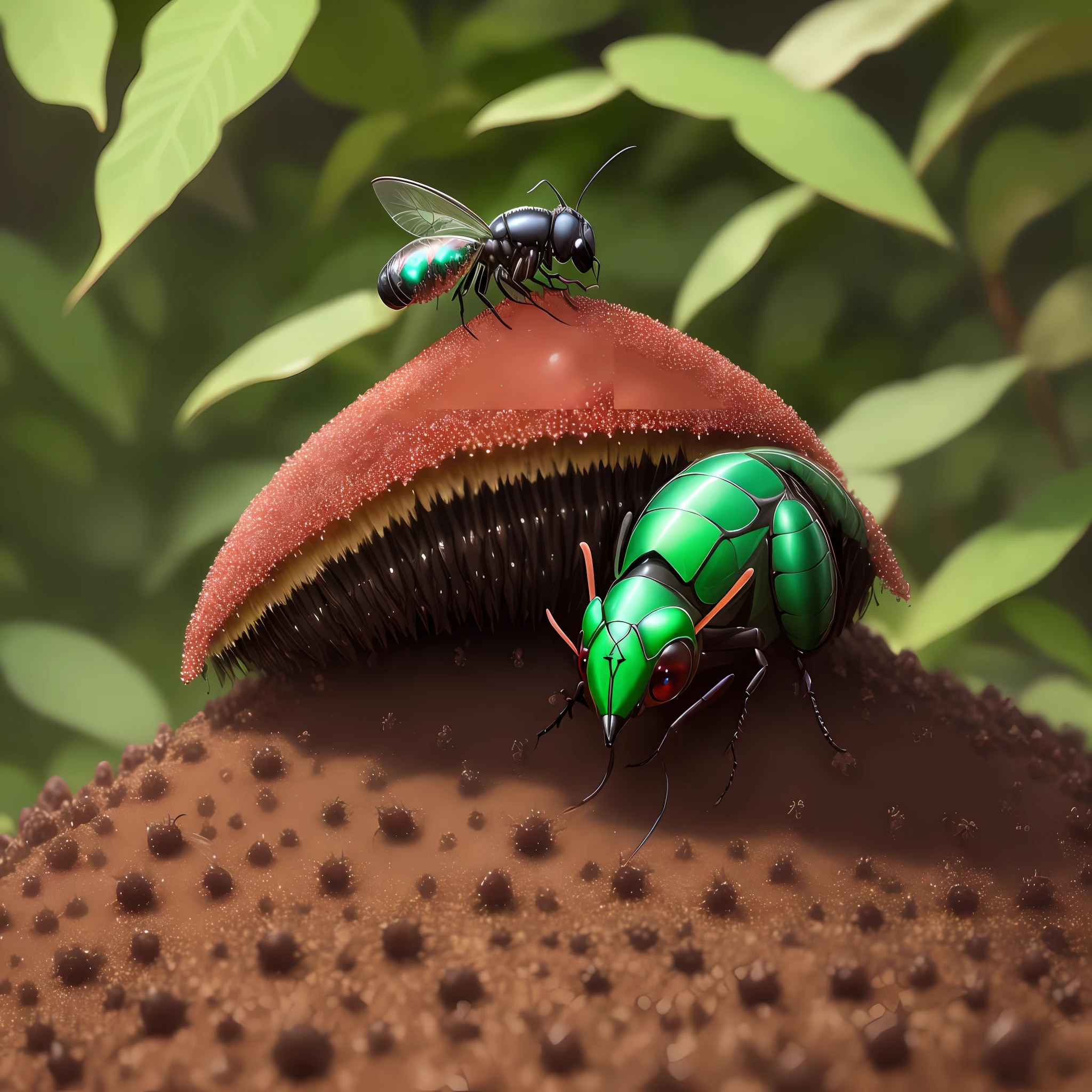 Ruby-tailed wasp carcass on top of moist earth anthill