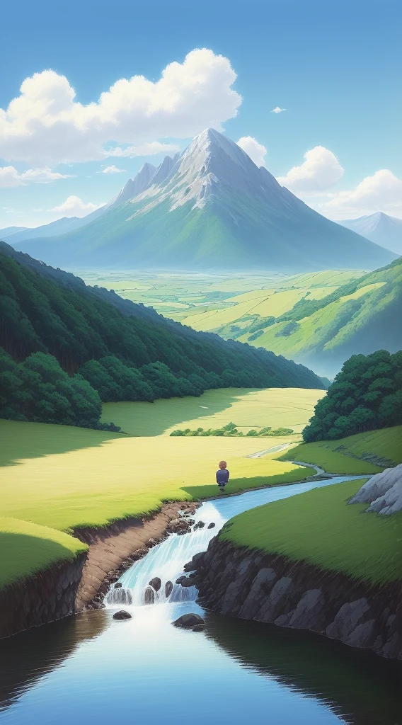 Realistic, real, beautiful Stunning landscape oil painting Studio Ghibli Miyazaki petals grassland blue sky and white clouds grassland creek mountain range A little boy and a dog lie on the grass by the river looking at the mountains in the distance - v6