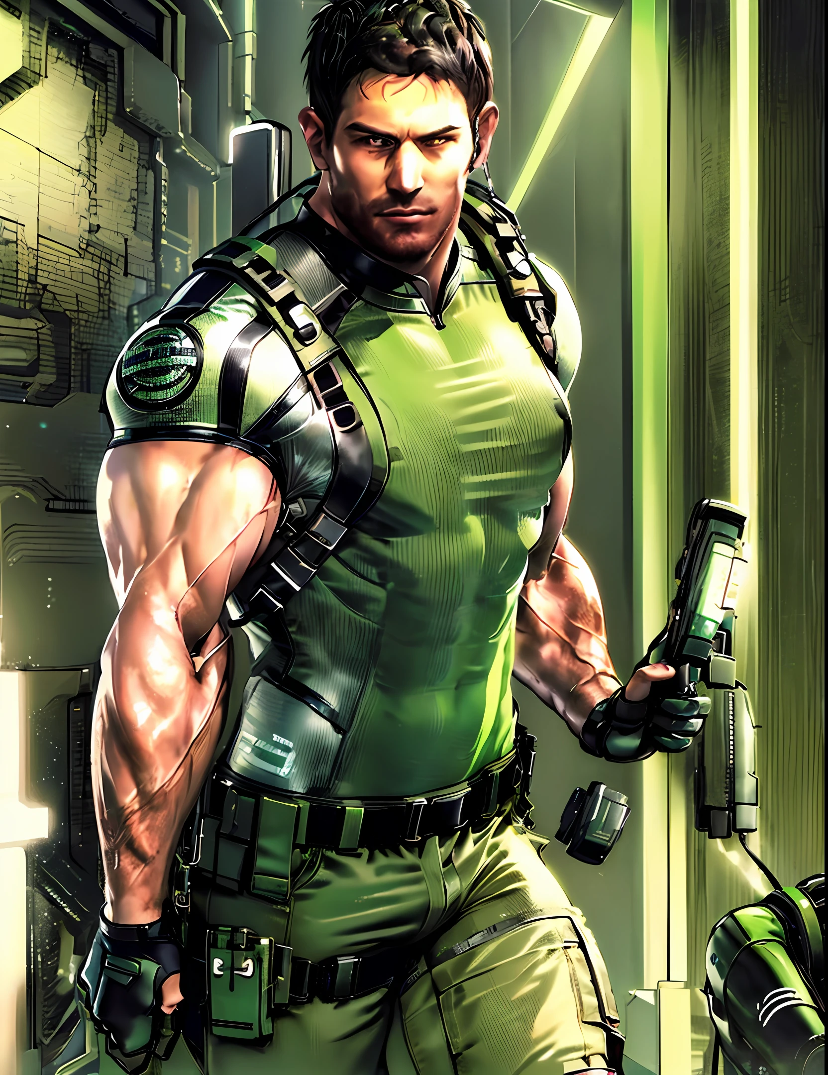a close up of a man in a costume with a green light, muscular! cyberpunk, chris redfield, cargo pants. cyberpunk city, splinter cell, cyberpunk style outfit, cyberpunk outfit, cyberpunk outfits, as a character in tekken, cyberpunk clothes, altered carbon style, full body x-force outfit, david boreanaz as chris redfield, cyberpunk hero