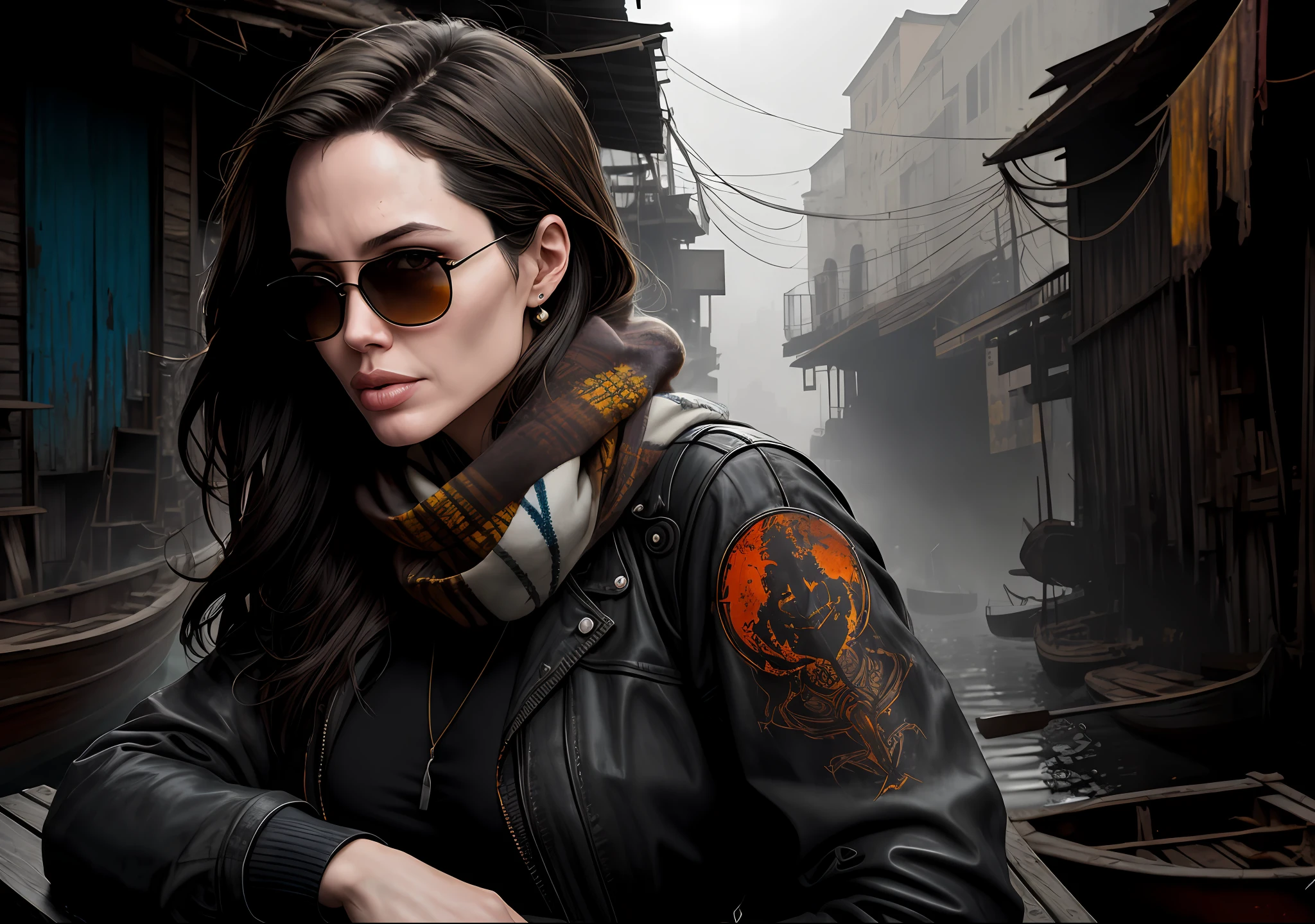 Angelina Jolie Dark photo: With her body covered, sitting next to an old boat, realistic epic, halo portrait, sunglasses, blue eyes, plaid scarf, white hair by Atey Ghailan, by Greg Rutkowski, by Greg Tocchini, by James Gilleard, by Joe Fenton, by Kaethe Butcher, yellow gradient, black, brown and magenta color scheme,  grunge aesthetics!!! Graffiti brand wall background, art by Greg Rutkowski and Artgerm, soft cinematic light, Adobe Lightroom, Photo Lab, HDR, intricate, highly detailed, (depth of field: 1.4), faded, (neutral colors: 1.2), (HDR: 1.4), (soft colors:1.2), hyperdetailed, (Artstation:1.4), cinematic, warm lights, dramatic light, (intricate details:1.1), complex background, (Rutkowski:0.66), (blue and orange:0.4)