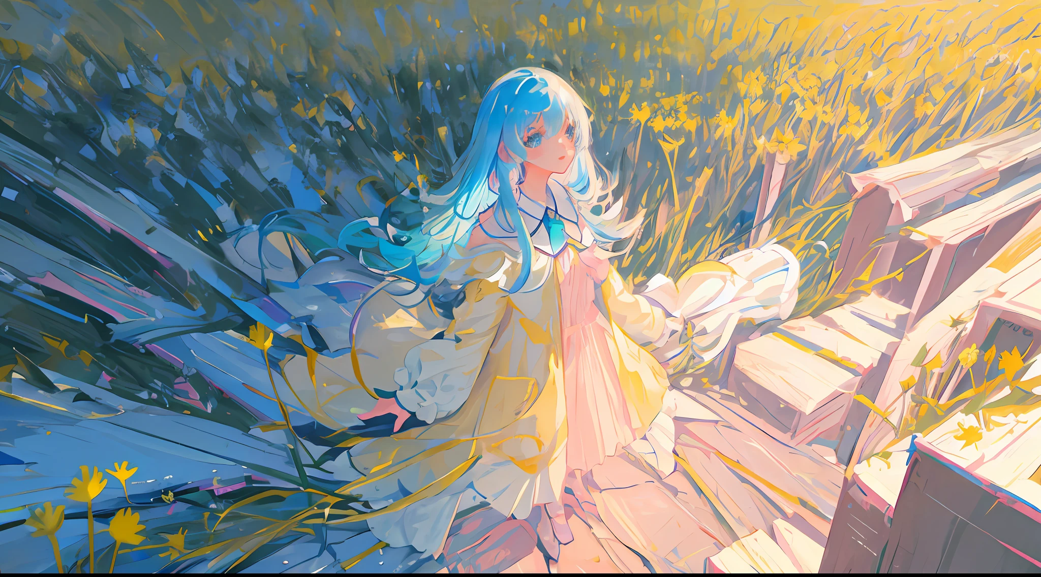 Masterpiece, best quality, a girl with long light blue hair, soft pink clothes, standing alone in a never ending dandelion field, far away aerial shot or view