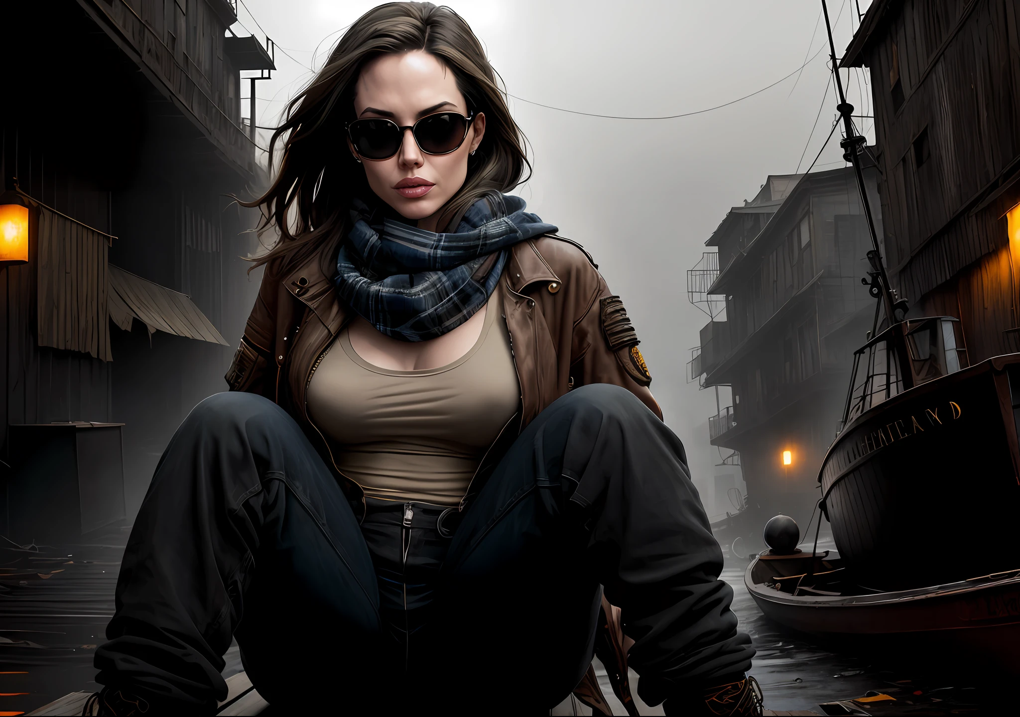 Angelina Jolie Dark photo: With her body covered, sitting next to an old boat, realistic epic, halo portrait, sunglasses, blue eyes, plaid scarf, white hair by Atey Ghailan, by Greg Rutkowski, by Greg Tocchini, by James Gilleard, by Joe Fenton, by Kaethe Butcher, yellow gradient, black, brown and magenta color scheme, grunge aesthetics!!! Graffiti brand wall background, art by Greg Rutkowski and Artgerm, soft cinematic light, Adobe Lightroom, Photo Lab, HDR, intricate, highly detailed, (depth of field: 1.4), faded, (neutral colors: 1.2), (HDR: 1.4), (soft colors:1.2), hyperdetailed, (Artstation:1.4), cinematic, warm lights, dramatic light, (intricate details:1.1), complex background, (Rutkowski:0.66), (blue and orange:0.4)