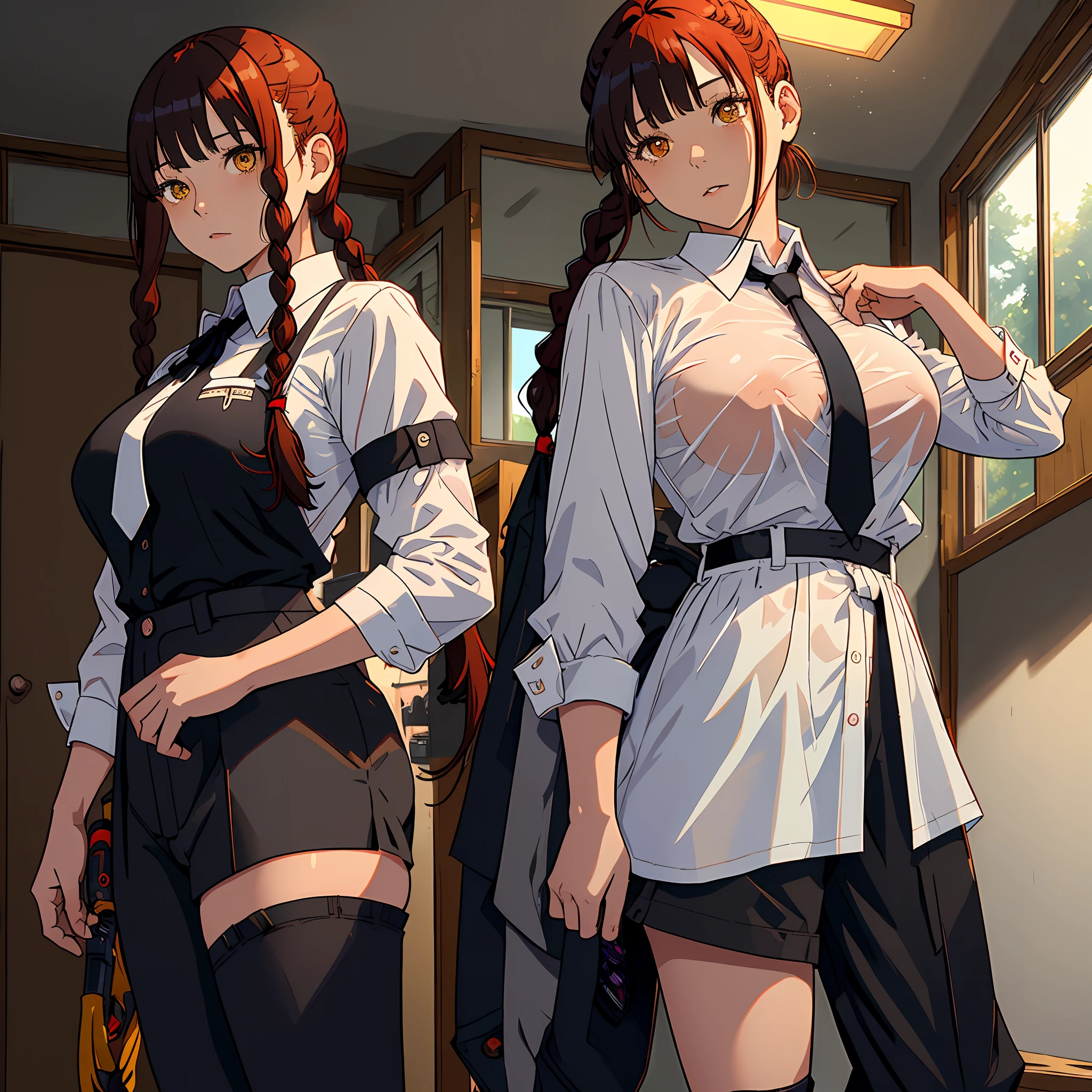 Makima\(chainsaw man\), 1girl, absurdres, bangs, underwear, black tie, black pants, braid, braided ponytail, collared shirt, cowboy shot, highres, long hair, long sleeves, tie, red hair, ringed eyes, shirt, sidelocks, solo, uniform, white shirt, yellow eyes, big breasts, 8k, poca ropa, transparente nsfw