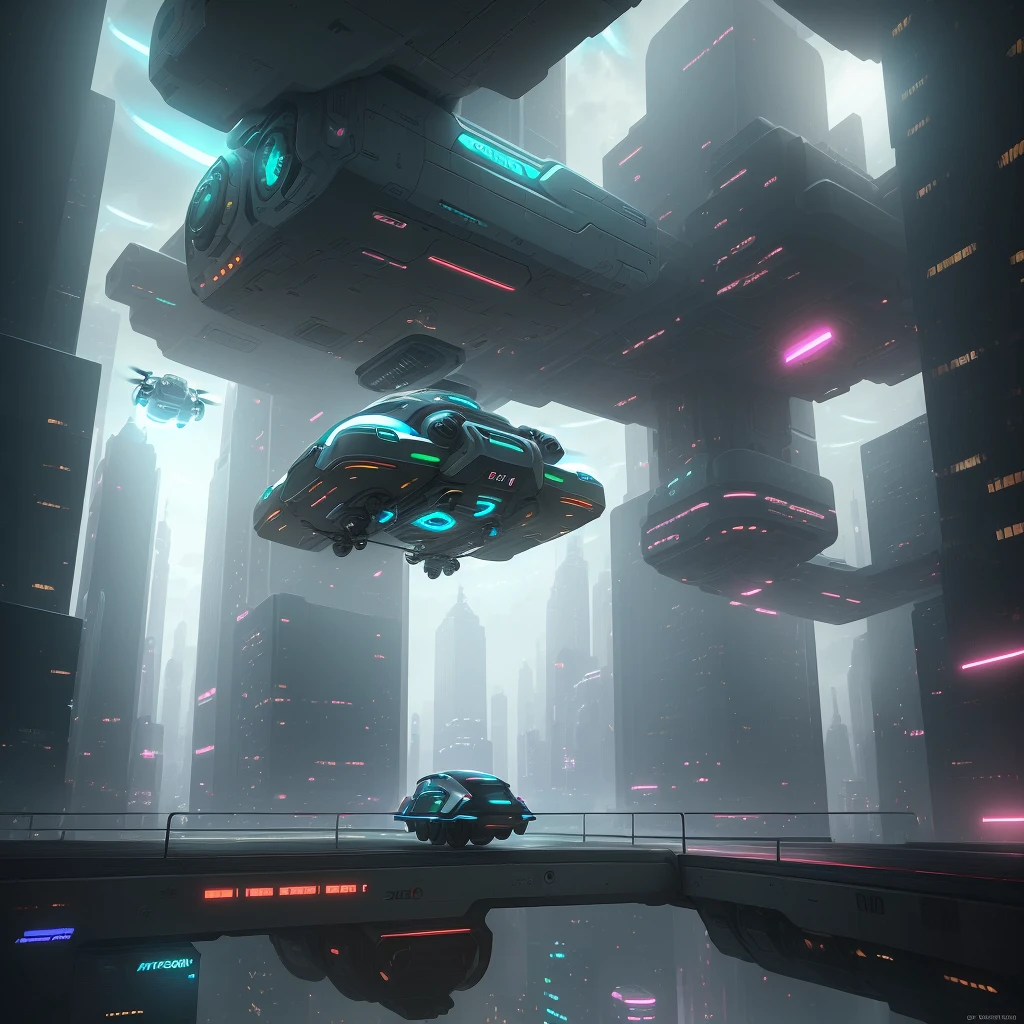 a sci-fi drone vehicle levitating above a futuristic city street