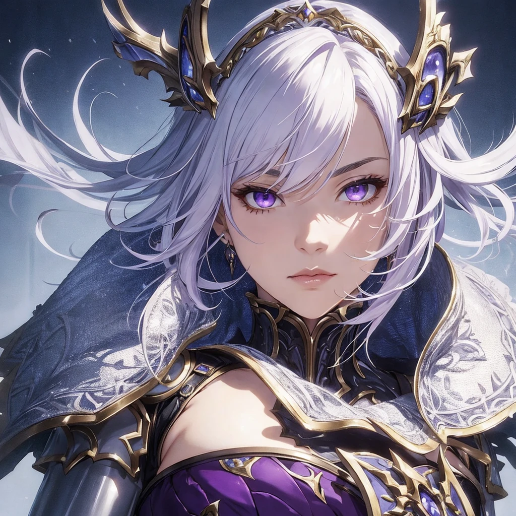 masterpiece, best quality, 1woman adult, older milf, female focus, solo, white hair, vibrant purple eyes, medium hair with fringe, looking at viewer, cape, High quality metal texture, semi metal armor, closed mouth, upper body, bangs, high collar,(kbxll:0.6), Fantasy aesthetics, fantasy earring, Highly detailed, shadowverse character concept, shadowverse style
