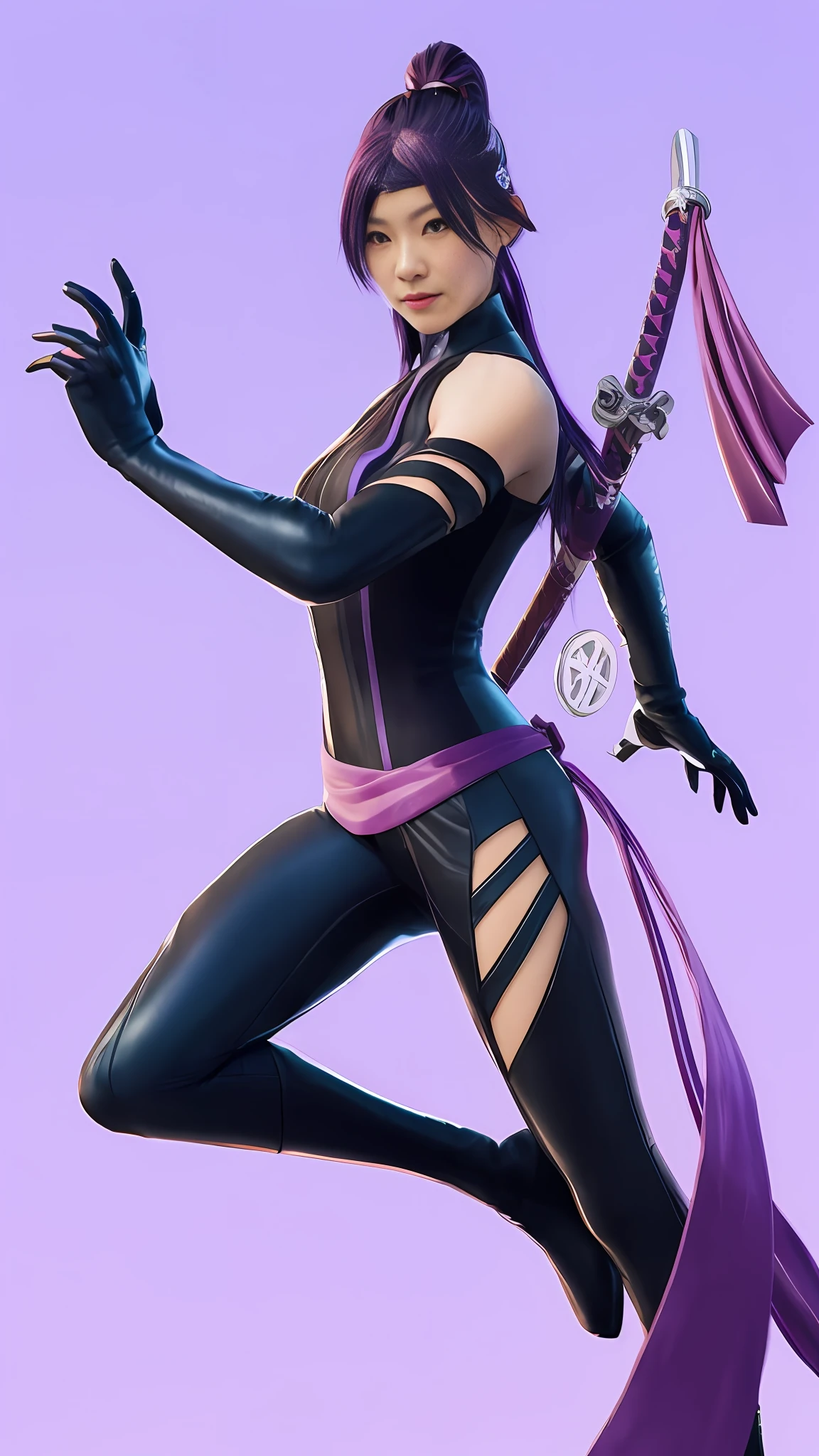 Japanese girl, psyloke, purple hair, long hair, scar on face, smile on face, katana on back, leather suit, staring.