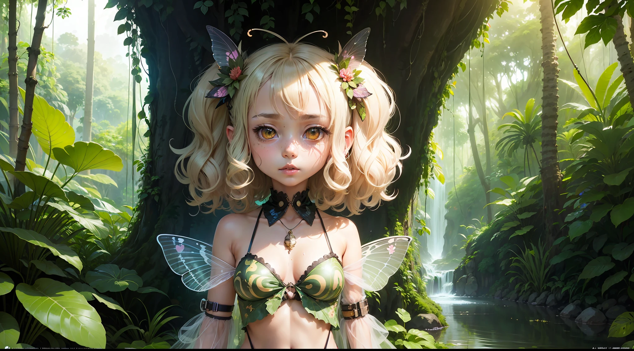 1girl, ((moth antennae)), solo, ((moth)), ((arthropod girl)), ((moth wings)), medium hair, difficult design, jungle style, fashion, monster girl, summer clothes, water effect, green plants, jungle, nature, scenery, ((official art)), ((concept art)), ((reference)), ((multiple pictures)), ((chibi)), white background