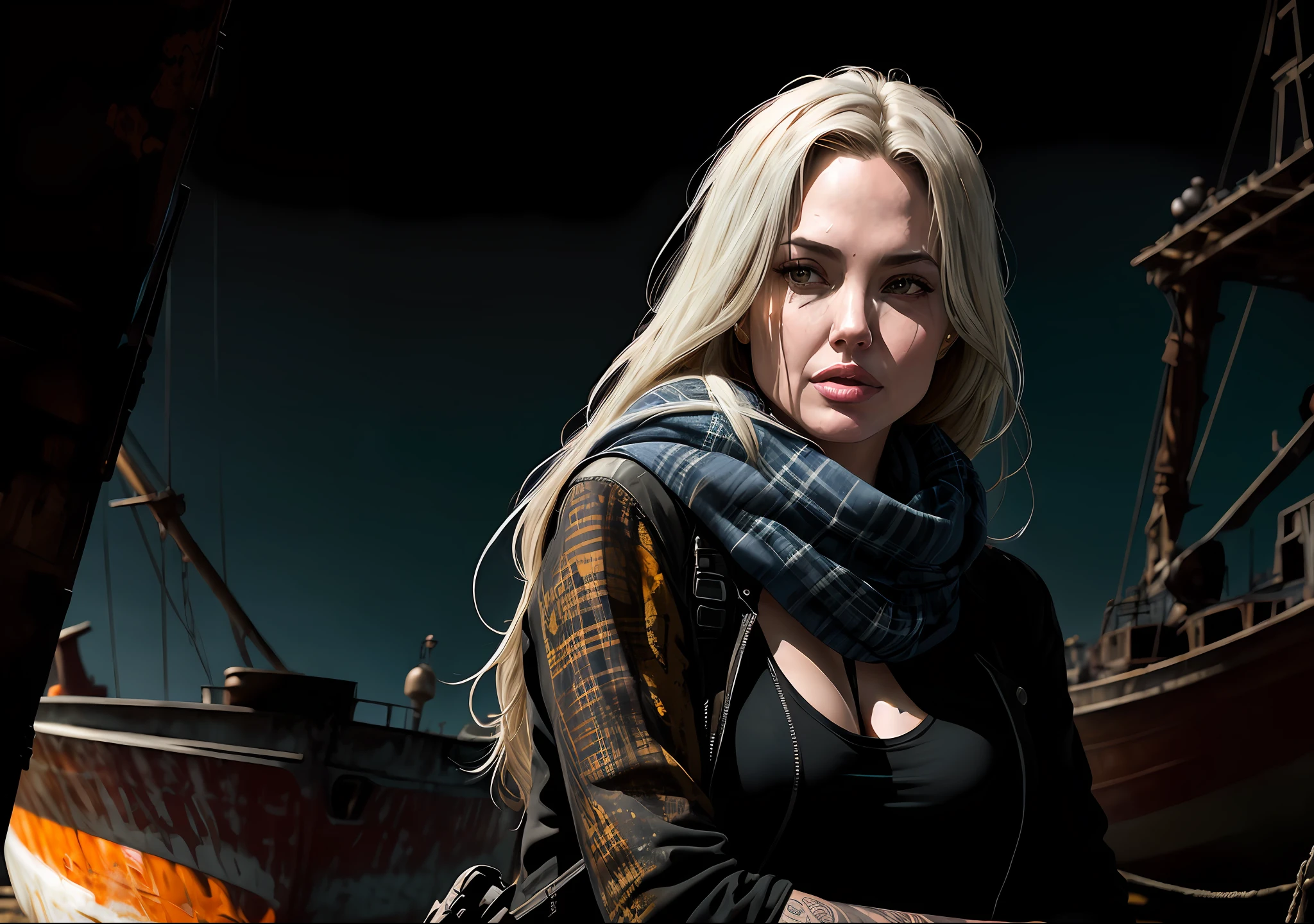 Angelina Jolie Dark photo: With her body covered, sitting next to an old boat, realistic epic, halo portrait, sunglasses, blue eyes, plaid scarf, white hair by Atey Ghailan, by Greg Rutkowski, by Greg Tocchini, by James Gilleard, by Joe Fenton, by Kaethe Butcher, yellow gradient, black, brown and magenta color scheme, grunge aesthetics!!! Graffiti brand wall background, art by Greg Rutkowski and Artgerm, soft cinematic light, Adobe Lightroom, Photo Lab, HDR, intricate, highly detailed, (depth of field: 1.4), faded, (neutral colors: 1.2), (HDR: 1.4), (soft colors:1.2), hyperdetailed, (Artstation:1.4), cinematic, warm lights, dramatic light, (intricate details:1.1), complex background, (Rutkowski:0.66), (blue and orange:0.4)