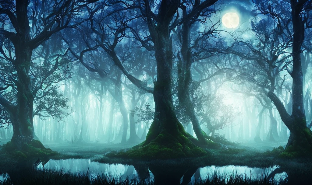 redraw the missing area with swamp like features, ominous fog, black mud, ghostly figures rising from the fog