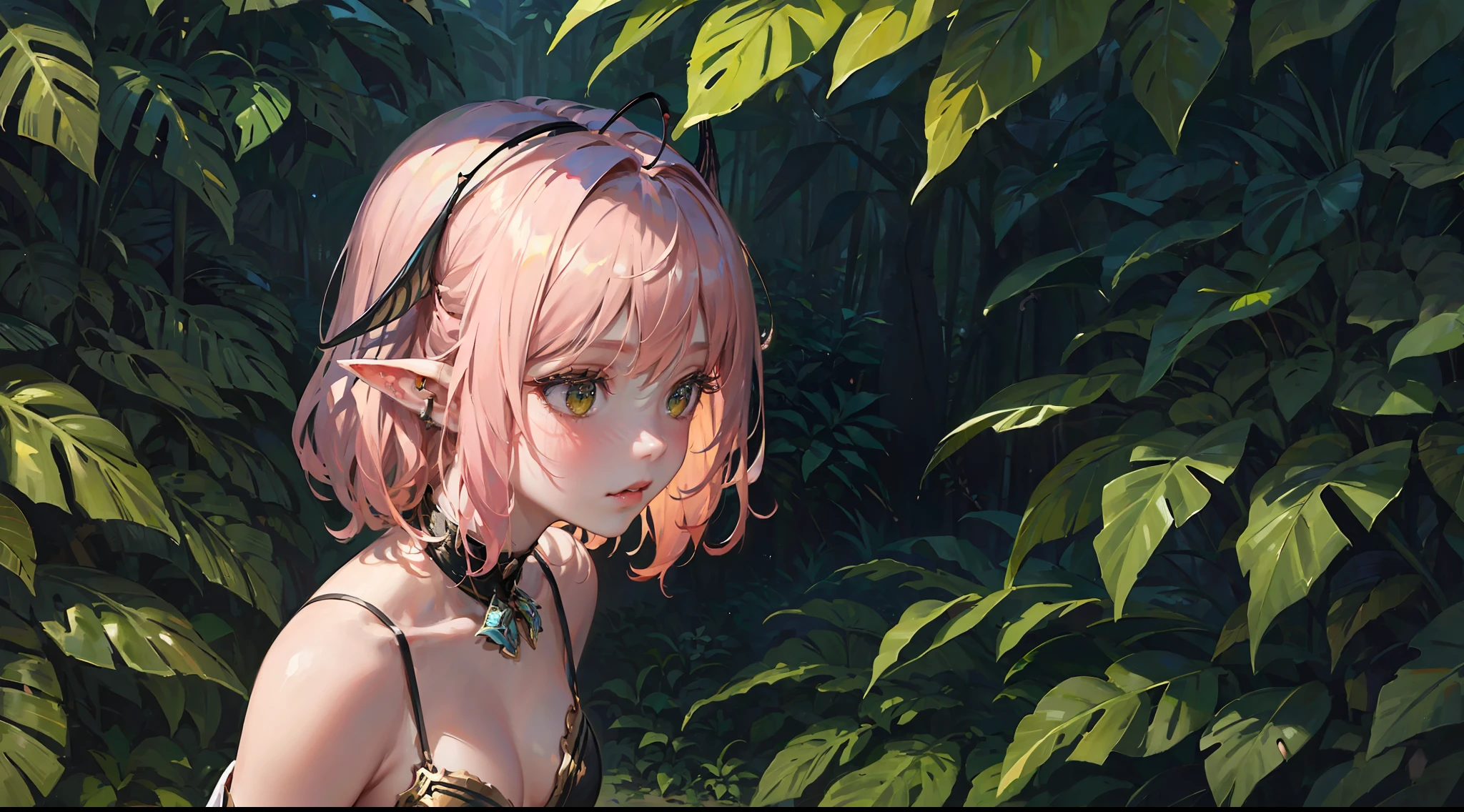 1girl, ((moth antennae)), solo, ((moth)), ((arthropod girl)), ((moth wings)), medium hair, difficult design, jungle style, fashion, monster girl, summer clothes, water effect, green plants, jungle, nature, scenery, ((official art)), ((concept art)), ((reference)), ((multiple pictures)), ((chibi)), white background