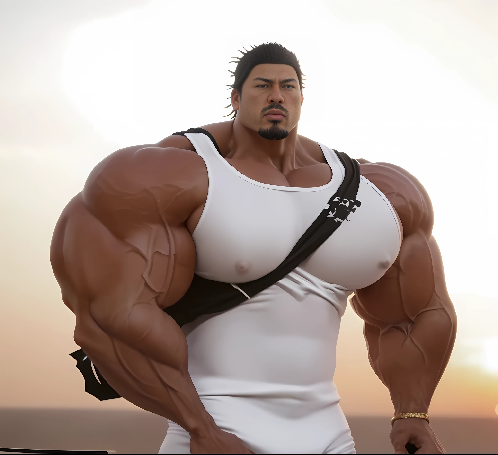 A close up photo of yami sukehiro, muscular, huge muscles, hyper muscles, hyperrealistic, goatee