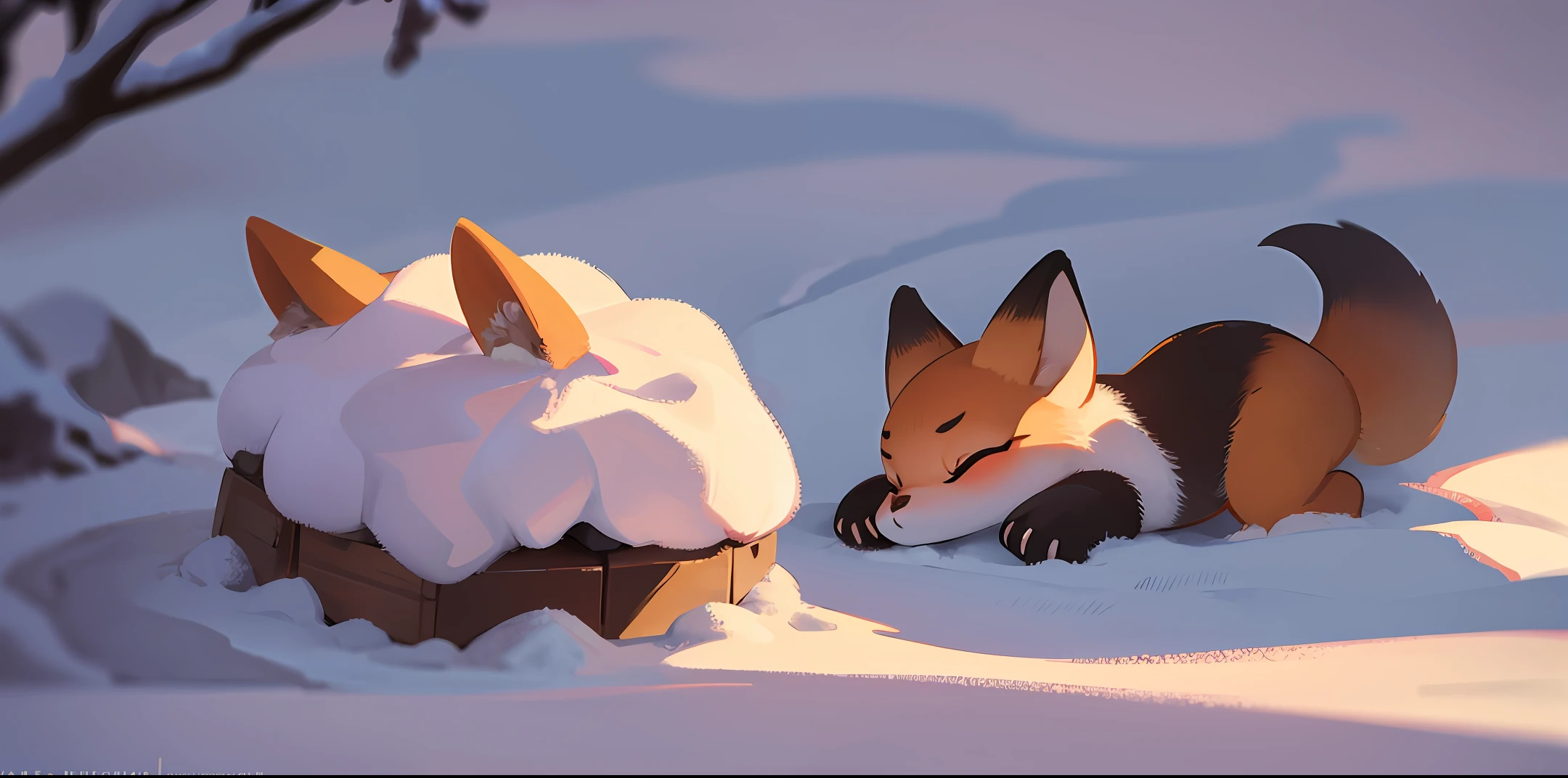 A little ant on a fox cub asleep in the snow