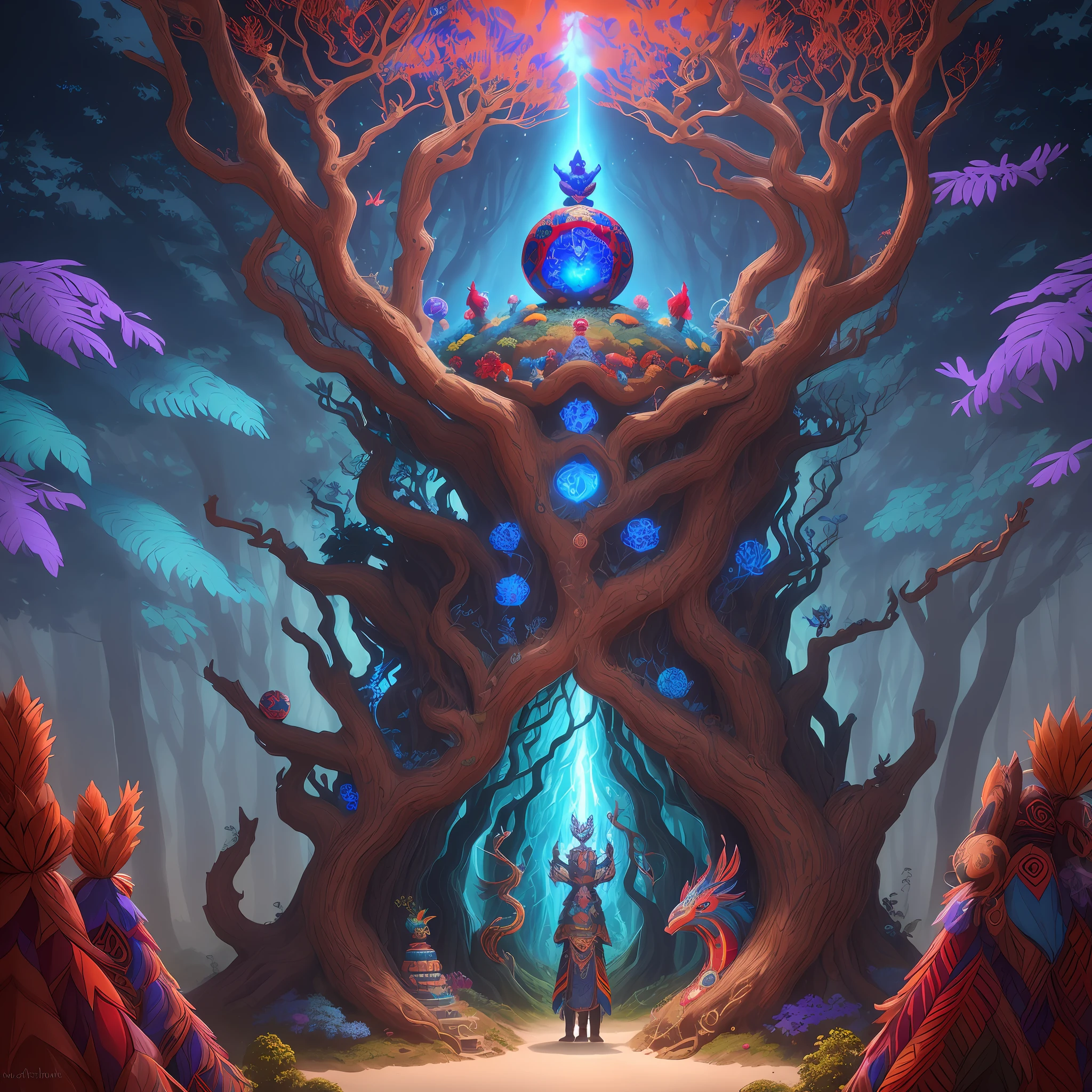 In the shamanic ethnic theme, in a mysterious forest, an anthill built with branches forming a dodecahedron of midnight blue and red colors, adorned at the top of a wooden statue representing the feathered serpent whose tail made of colorful feathers and plants, descends and partially surrounds the anthill