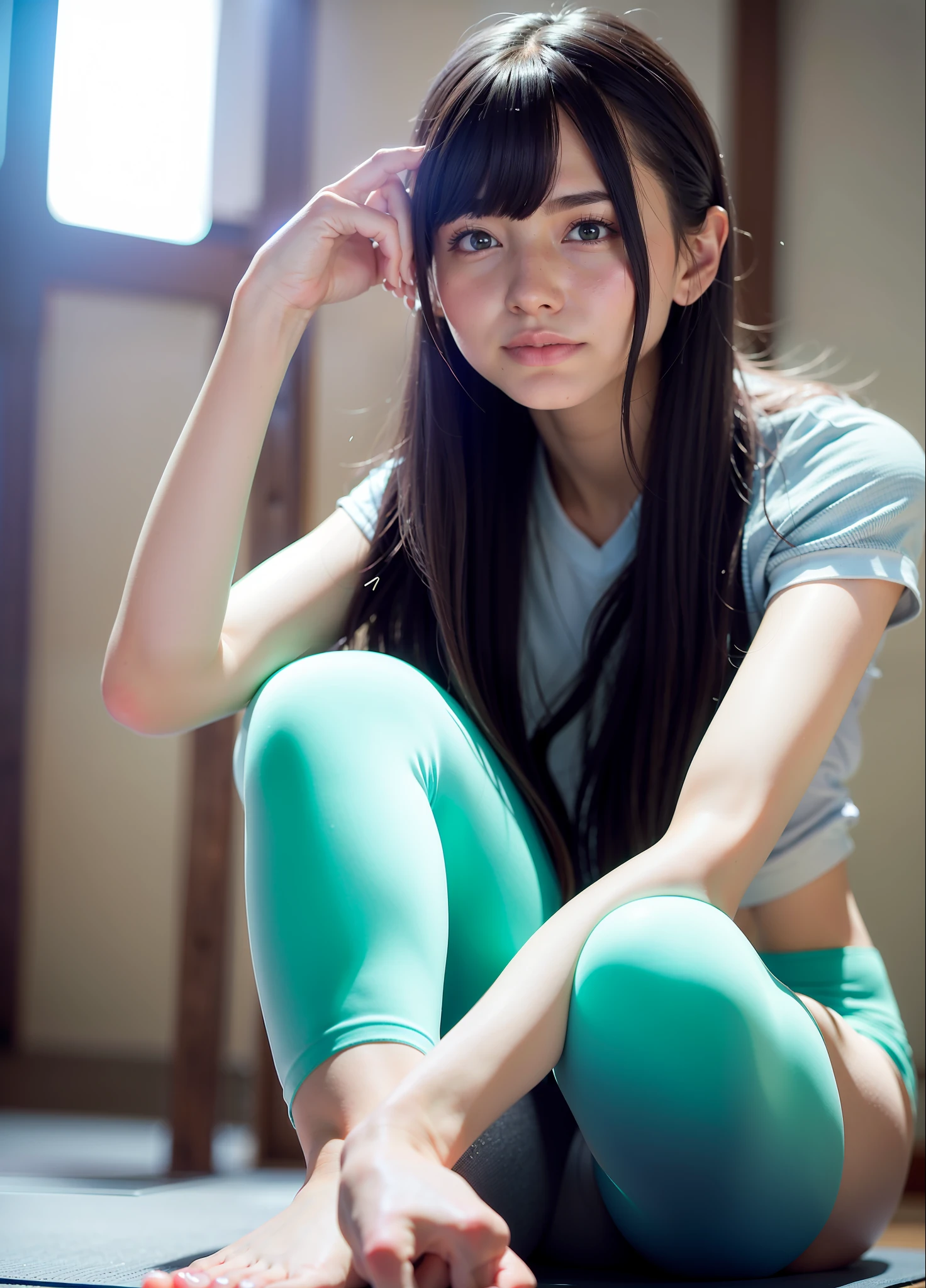 SFW, highest quality, ultra-high resolution, ultra-detailed face and eyes, detailed body, (photorealistic: 1.4), (1 girl: 1.4), 18 year old girl, fair skin, detailed background, (city Inside gym: 1.2), (yoga practice: 1.4), (blue: pink: green yoga top, pants: 1.5), (light gray: black hair: 1.4), yoga uniform, looking at viewers, smiling Yes, Cute, (Small butt), (Long legs), (Chest circumference: 1.5), Thin waist, Blue eyes, (Body legs shot), Pro light, Face focus,
