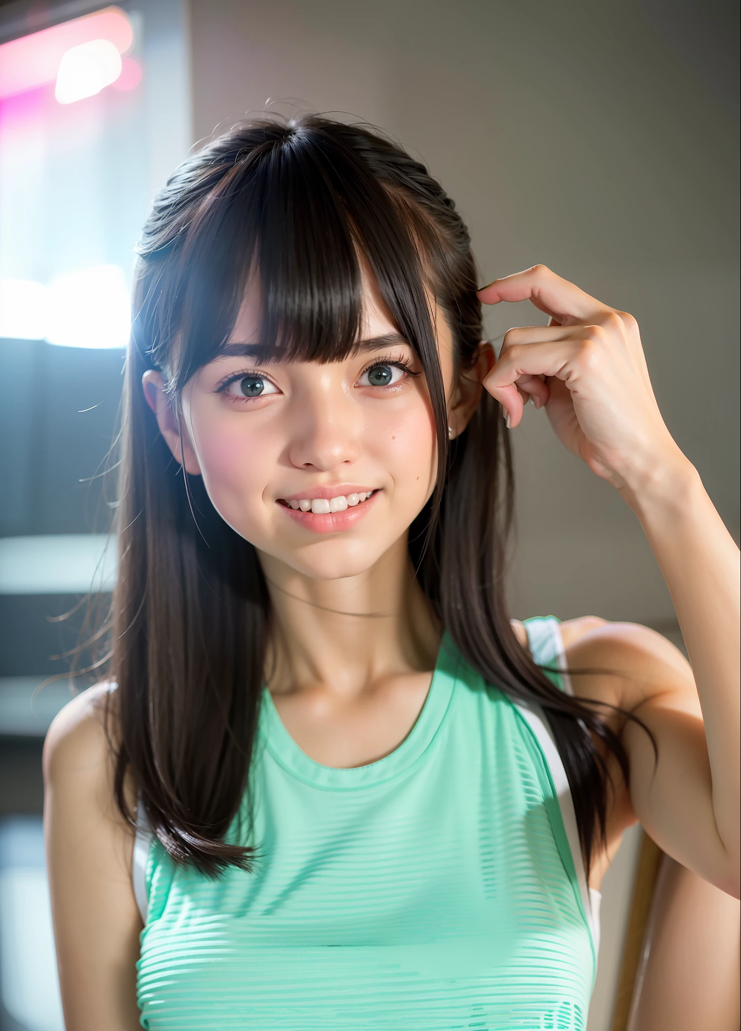 SFW, highest quality, ultra-high resolution, ultra-detailed face and eyes, detailed body, (photorealistic: 1.4), (1 girl: 1.4), 18 year old girl, fair skin, detailed background, (city Inside gym: 1.2), (yoga practice: 1.4), (blue: pink: green yoga top, pants: 1.5), (light gray: black hair: 1.4), yoga uniform, looking at viewers, smiling Yes, Cute, (Small butt), (Long legs), (Chest circumference: 1.5), Thin waist, Blue eyes, (Body legs shot), Pro light, Face focus,