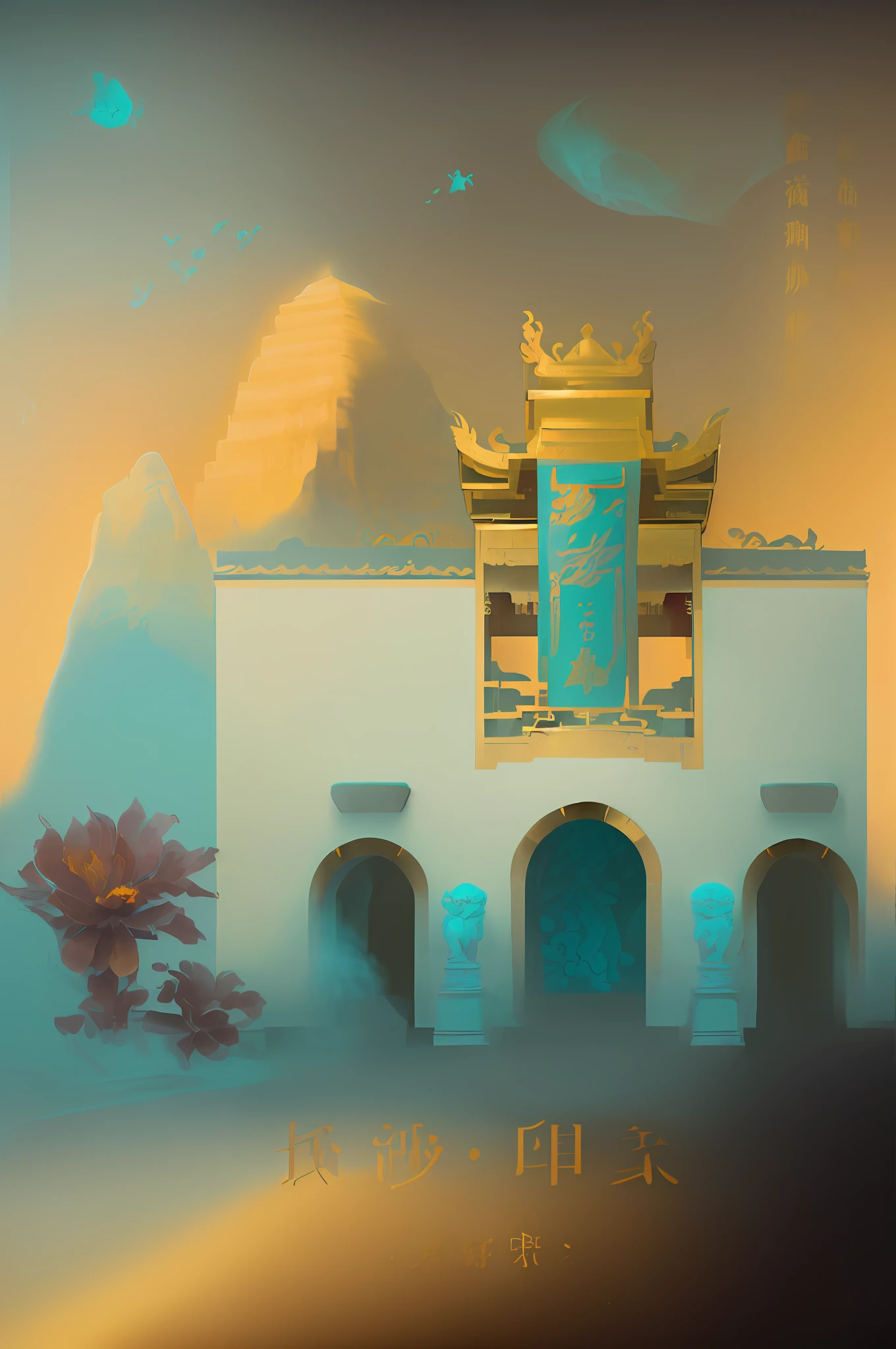 (brilliant golden light, temple architecture), (delicate texture, fine depiction, sculptural), (elegant silence, mysterious atmosphere), (floral decoration, bow mountain, promenade), (wide cornice, dark tones), (sky blue, water turquoise, breeze), (deep corridor), (poster), (smoky cover) oriental leaf poster