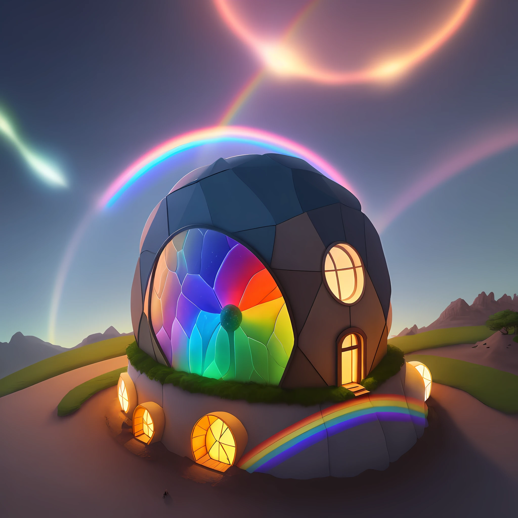 A dome shaped hut consisting of glowing rainbow gems
