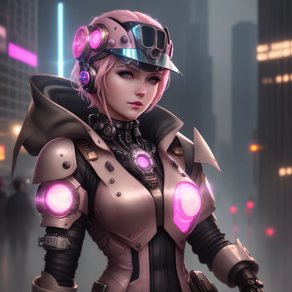 1girl, lady with cybernetic parts,steampunk, shiny visor, short hair light pink wet, sexy weet steampunk clothes, outdoor skyscraper, neon, night, rain, volumetric lighting, best quality, masterpiece, realistic, pale pink lightning, perfect hand,