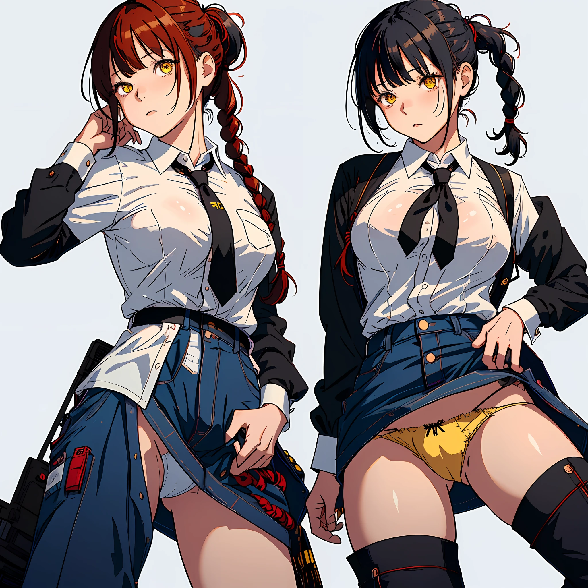 Makima\(chainsaw man\), ((1girl)), absurdres, bangs, underwear, black tie, black pants, braid, braided ponytail, collared shirt, denim shot, highres, long hair, long sleeves, tie, red hair, ringed eyes, shirt, sidelocks, solo, uniform, white shirt, yellow eyes, big breasts, 8k, little clothes, transparent nsfw, legs open,