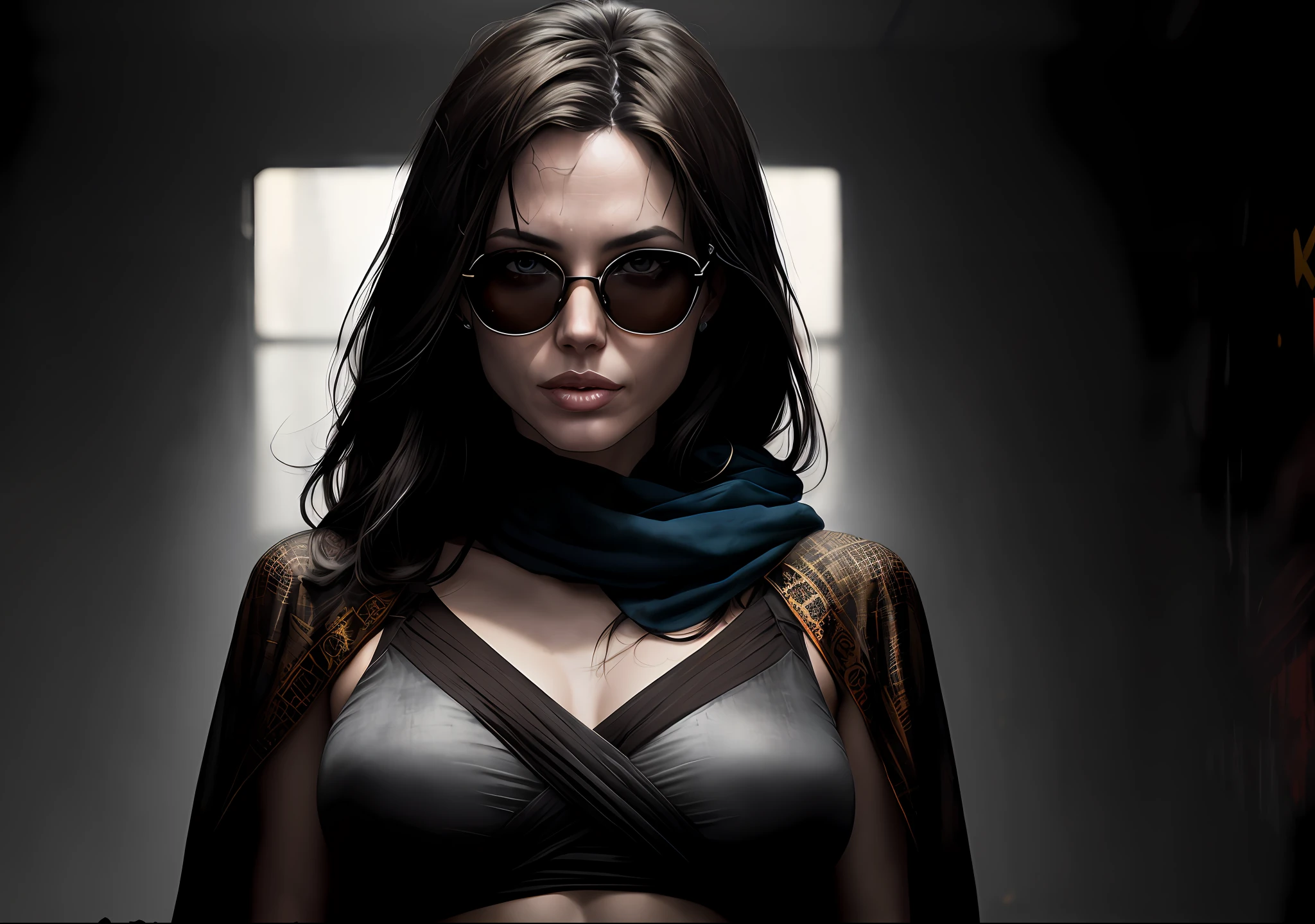 Angelina Jolie Dark photo: With the body covered, inside a prison, realistic epic, halo portrait, sunglasses, blue eyes, plaid scarf, white hair of Atey Ghailan, by Greg Rutkowski, by Greg Tocchini, by James Gilleard, by Joe Fenton, by Kaethe Butcher, yellow gradient, black, brown and magenta color scheme, grunge aesthetic!!! Graffiti brand wall background, art by Greg Rutkowski and Artgerm, soft cinematic light, Adobe Lightroom, Photo Lab, HDR, intricate, highly detailed, (depth of field: 1.4), faded, (neutral colors: 1.2), (HDR: 1.4), (soft colors:1.2), hyperdetailed, (Artstation:1.4), cinematic, warm lights, dramatic light, (intricate details:1.1), complex background, (Rutkowski:0.66), (blue and orange:0.4)