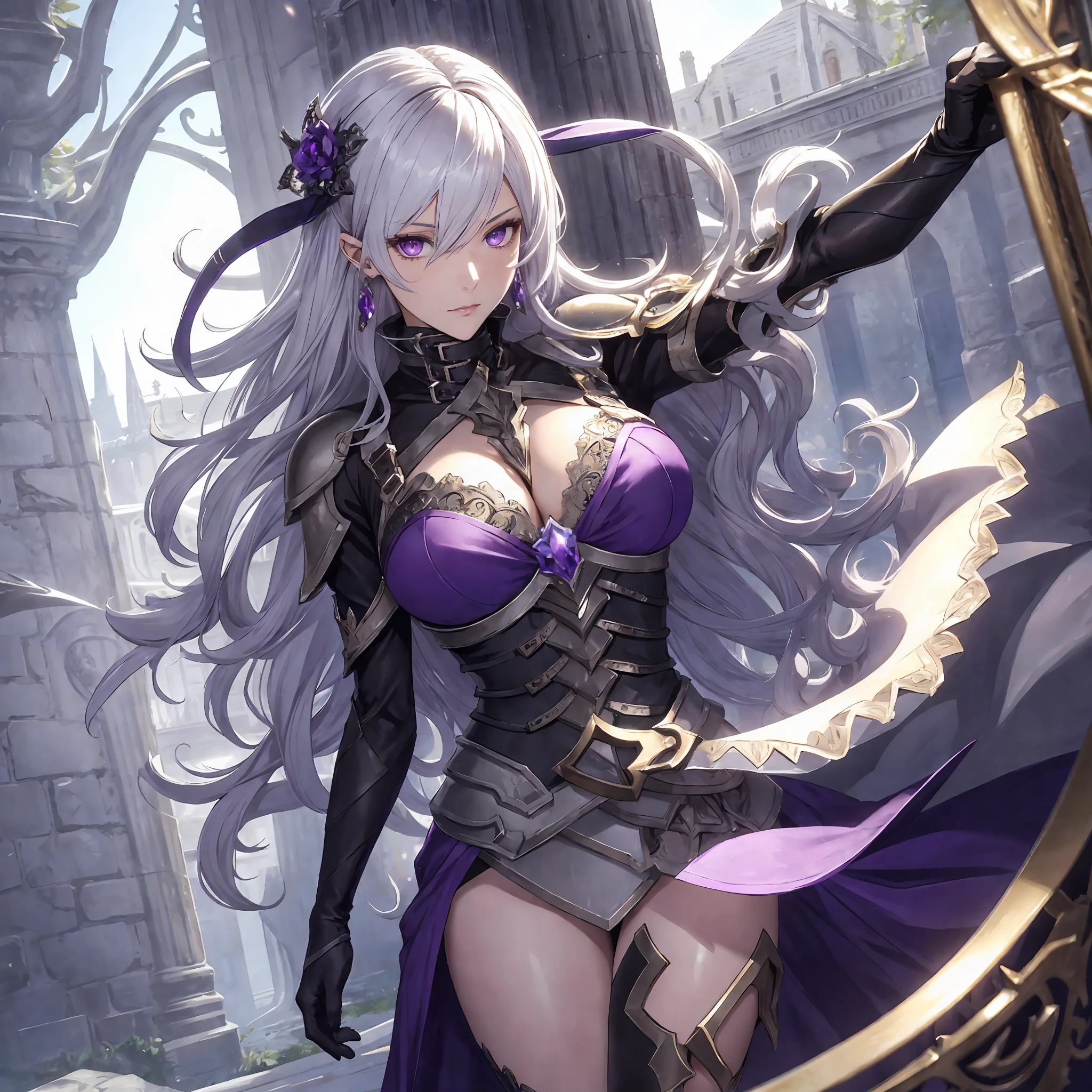 masterpiece, best quality, 1woman adult, older milf, female focus, solo, white hair, vibrant purple eyes, medium hair with fringe, looking at viewer, cape, High quality metal texture, semi metal armor, closed mouth, upper body, bangs, high collar,(kbxll:0.6), Fantasy aesthetics, fantasy earring, Highly detailed, shadowverse character concept, shadowverse style