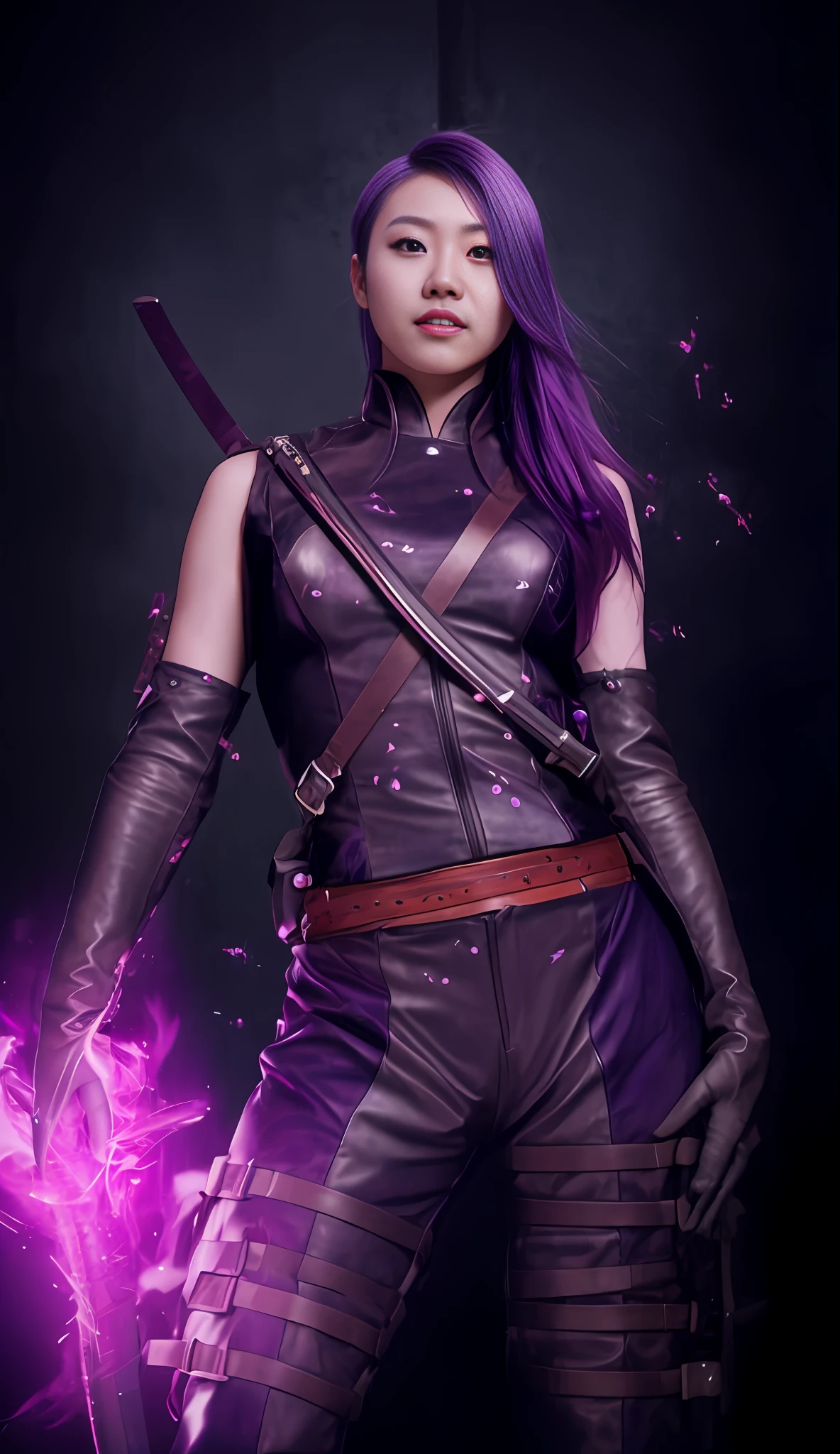Japanese girl, psyloke, purple hair, long hair, scar on face, smile on face, katana on back, leather suit, staring, dragon tattoo on body.