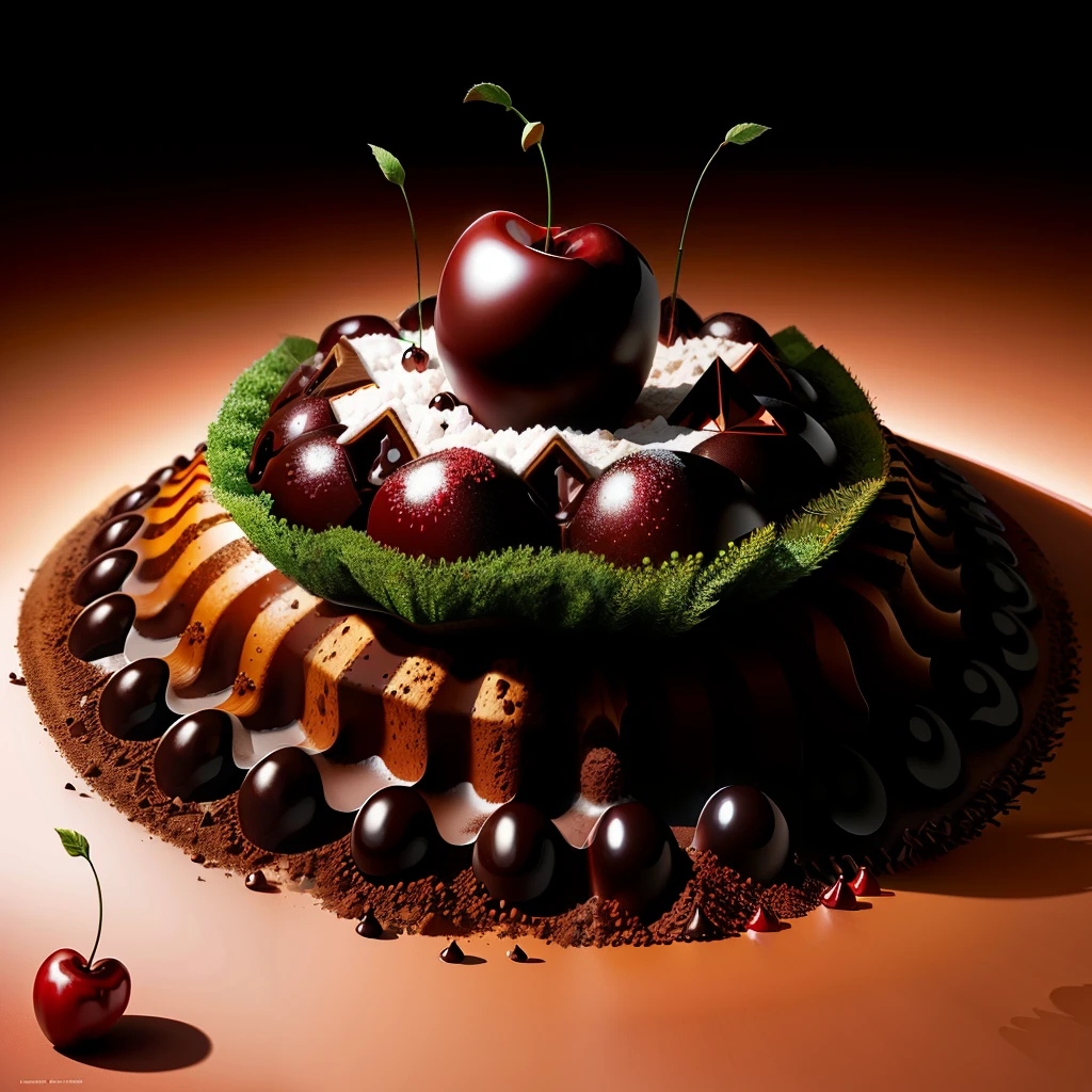 chocolate ant hill with some cherries circling around it, fantasy, hd HDR,4k upscale
