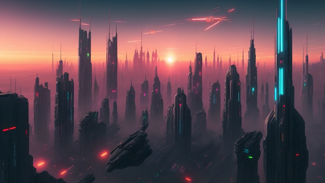 cyberpunk city like Star Wars during sunset