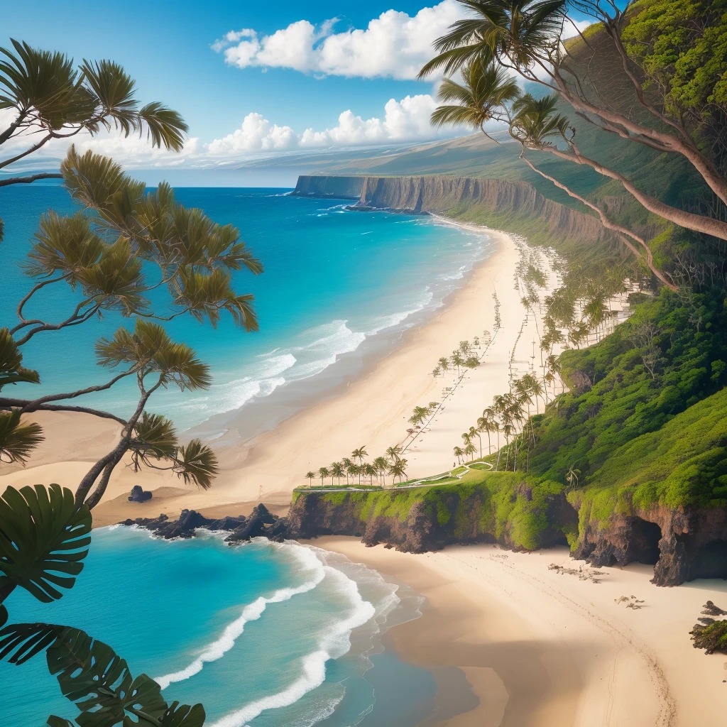 arafed view of a beach with a lighthouse in the distance, hawaii beach, breath-taking beautiful beach, maui, beautiful beach, beautiful magical palm beach, kauai, wallpaper - 1 0 2 4, kauai springtime, beach on the outer rim, sandy beach, tropical beach paradise, beautiful wallpaper, big island, beautiful tropical island beach, beach landscape, beautiful place