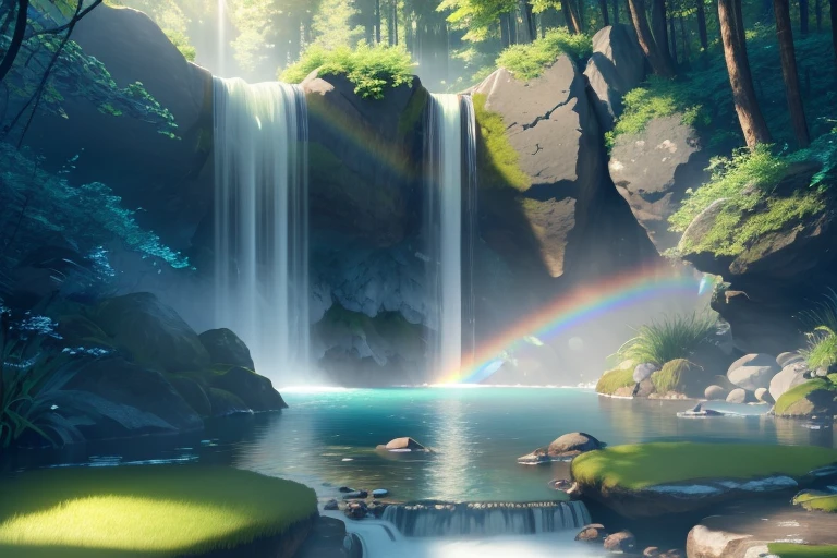 A waterfall with crystal clear waters, formation of a beautiful rainbow between the waters, green grass, trees, rays of sun, water droplets on the screen, refreshing, Masterpiece, best quality, (8k wallpaper of very detailed CG unit) (best quality), (best illustration), (best shadows)