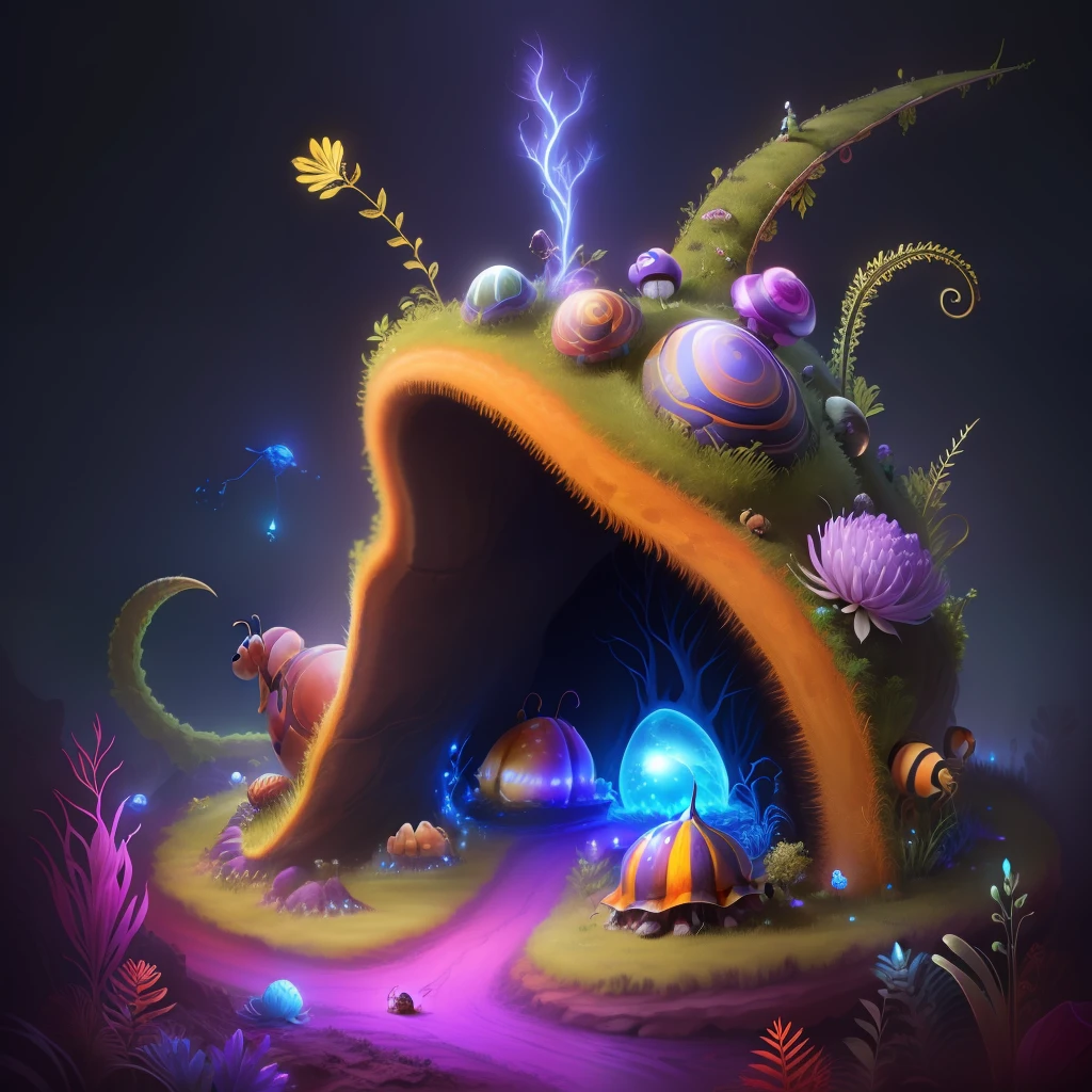 a psychedelic ant hill housing a snail with long very long horns, fantasy, hd, HDR 4k