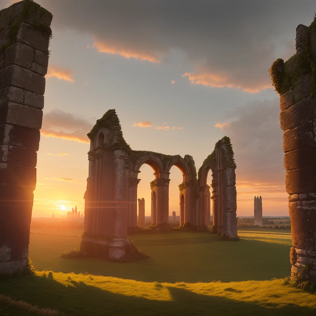 photo of model,  hay bales in a field with a sunset in the background, godrays at sunset, ruins landscape, old ruins, abandoned ruins landscape, cityscape ruins in the distance, ruins around, late summer evening, at golden hour, ruins, with stone henge on top, dark ruins landscape, castle in the distance, landscape, with towers, surrounding the city