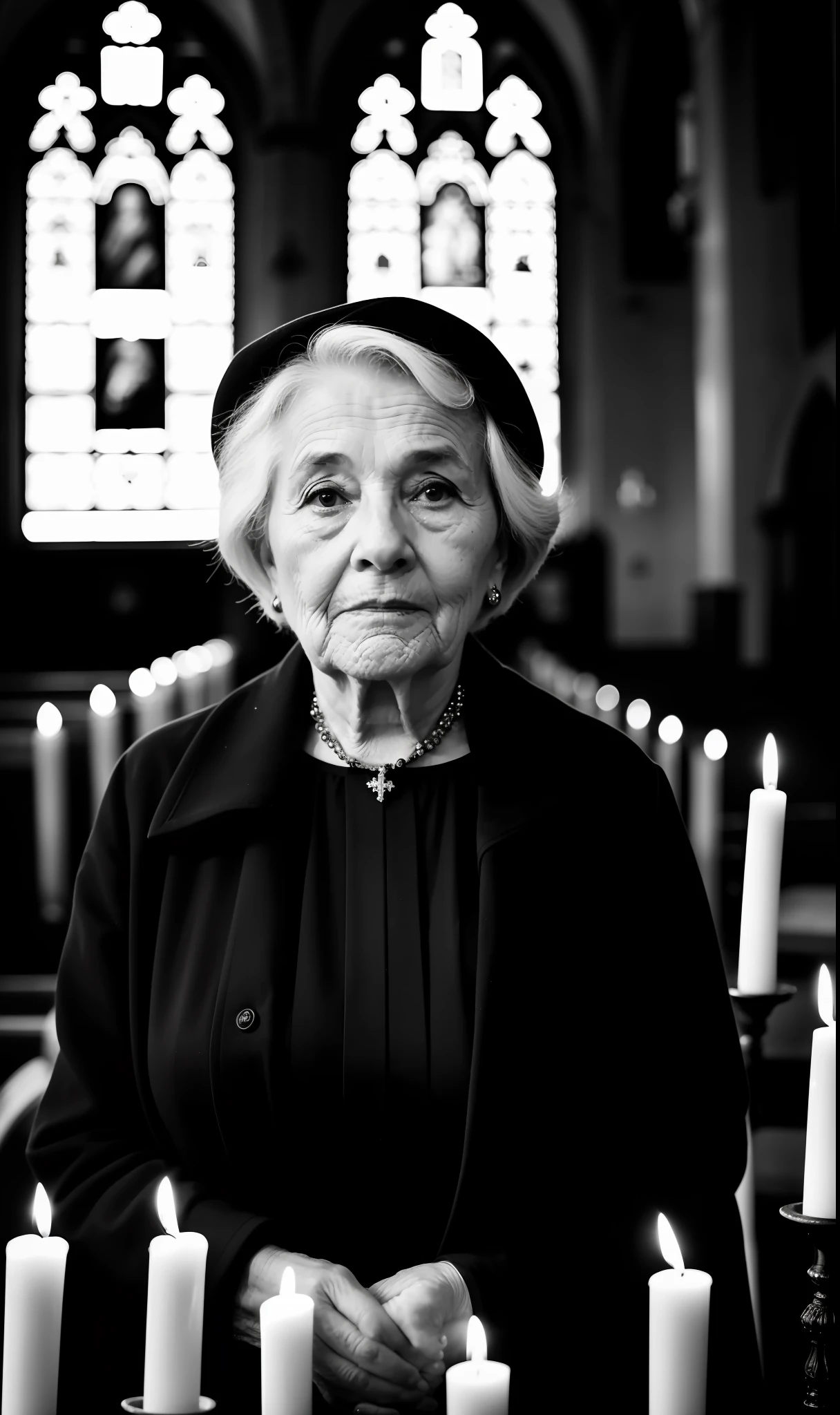 black and white photo of a 70-year-old woman in black clothes, gray hair, sad face, half body, highly detailed skin, skin pores, inside church,lit candles,, 8k uhd, Dslr, soft lighting, high quality, film grain, Fujifilm XT3