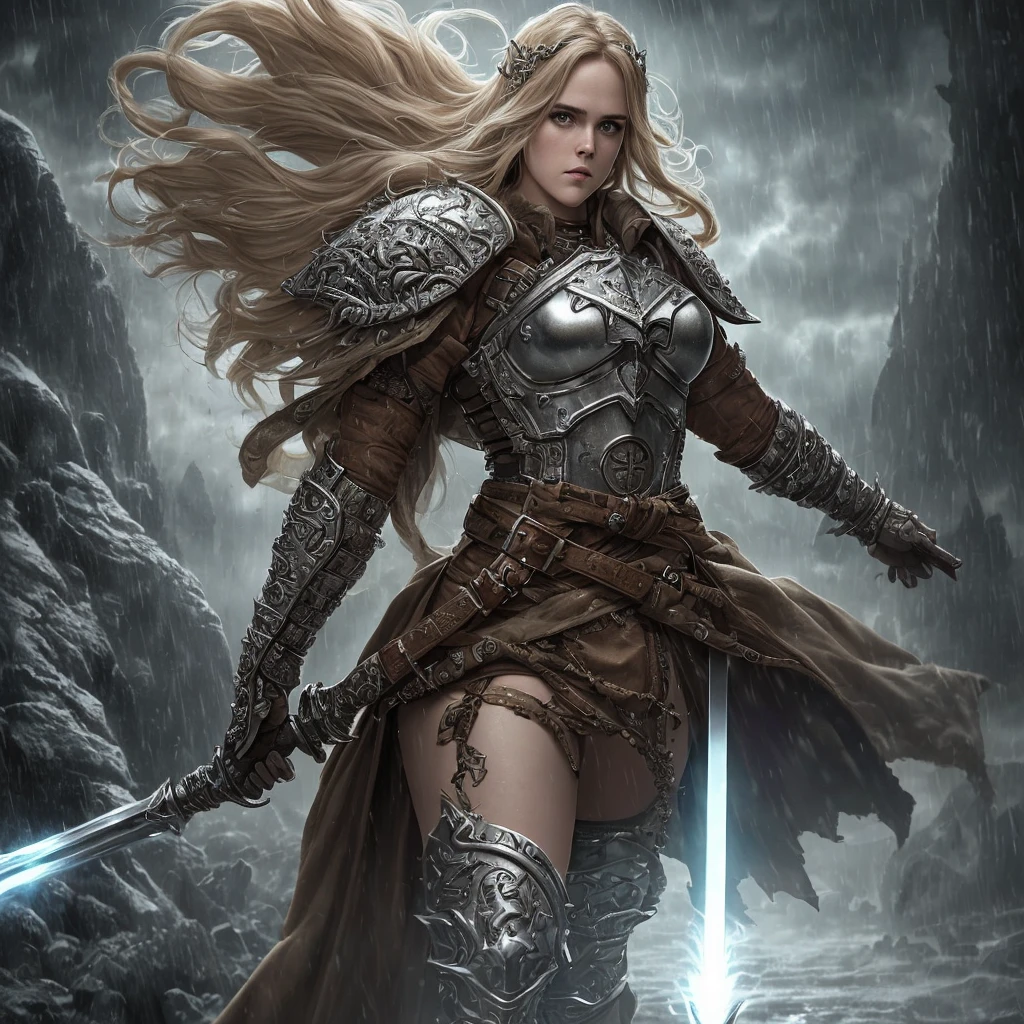 Raw painting: 1.3) from (Technical illustration: 1.3) beautiful epic heroic fantasy (AliciaSilverstone: 1) as paladin man, ( ruivo hair), (messy hair: 1.3), full body with multiple layers sewn (aged leather armor: 1.1 ),(incredibly detailed, bloom:1.5), (detailed pupils:1.1), skin pores, face and eyes detailed, Masterpiece, best quality, (highly detailed photo:1.1), 8k, photorealistic, solo, slow motion, reflections, intricate details, high-top boots, wearing a dagger at the waist, slow walking movements, cinematic lighting, (global lighting, studio light, volumetric light), heavy rain, floating particles, (dark and gloomy universe: 1.3), (elden ring style:1.3), (war hammer style:1.1),,(cathode tube:1.3)