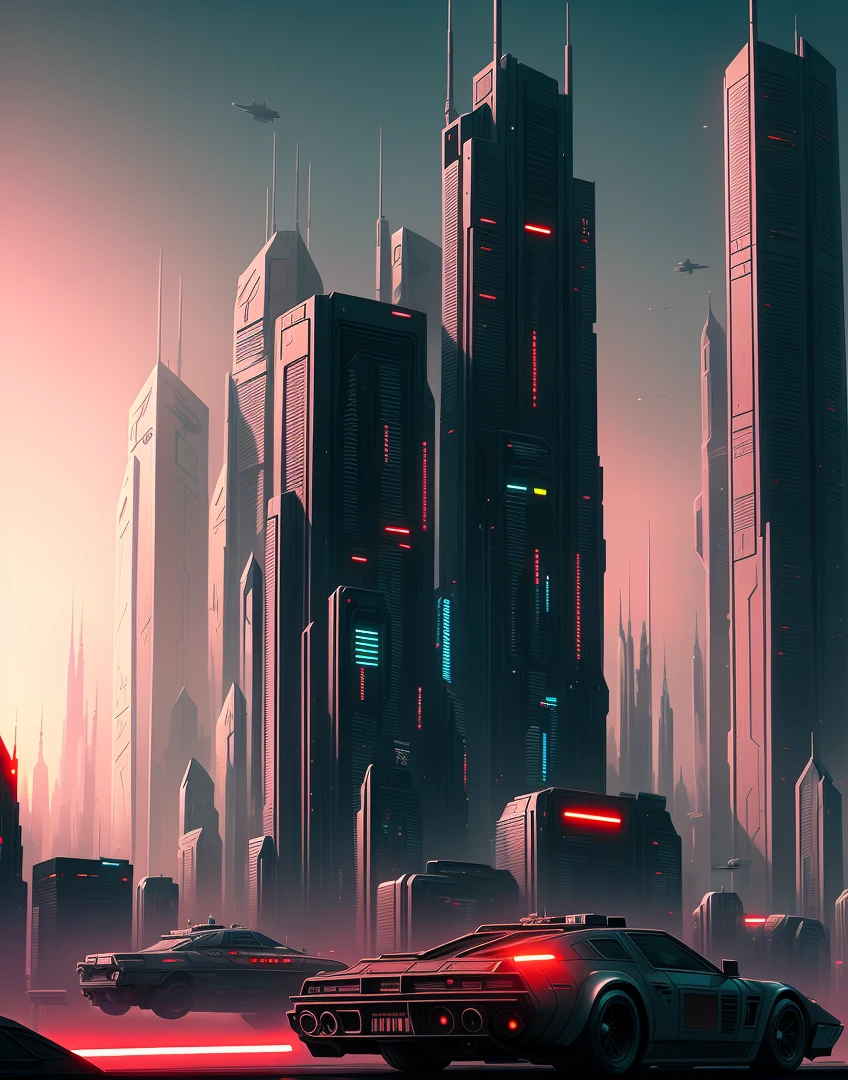 cyberpunk city like Star Wars during sunset. Horror art, digital painting, color drawing, intricate details, hyperdetailed, complex