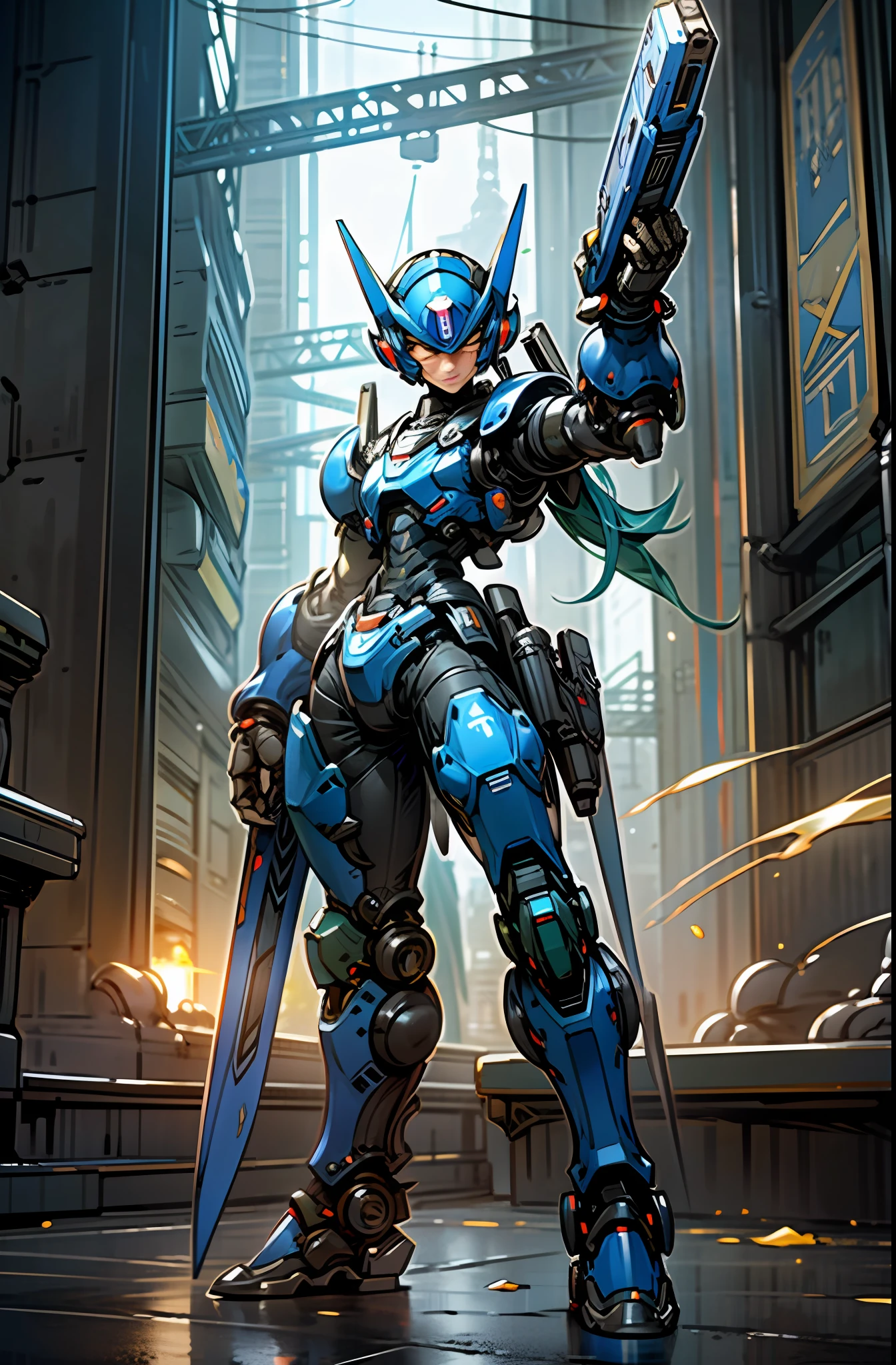 Dark_Fantasy, cyberpunk, (Megaman, blue armor: 1.1), 1man, rockman, maravilha mecânica, presença robótica, guardião cibernético, one arm is an energy cannon, in the city, cyberpunk, Full Armor X