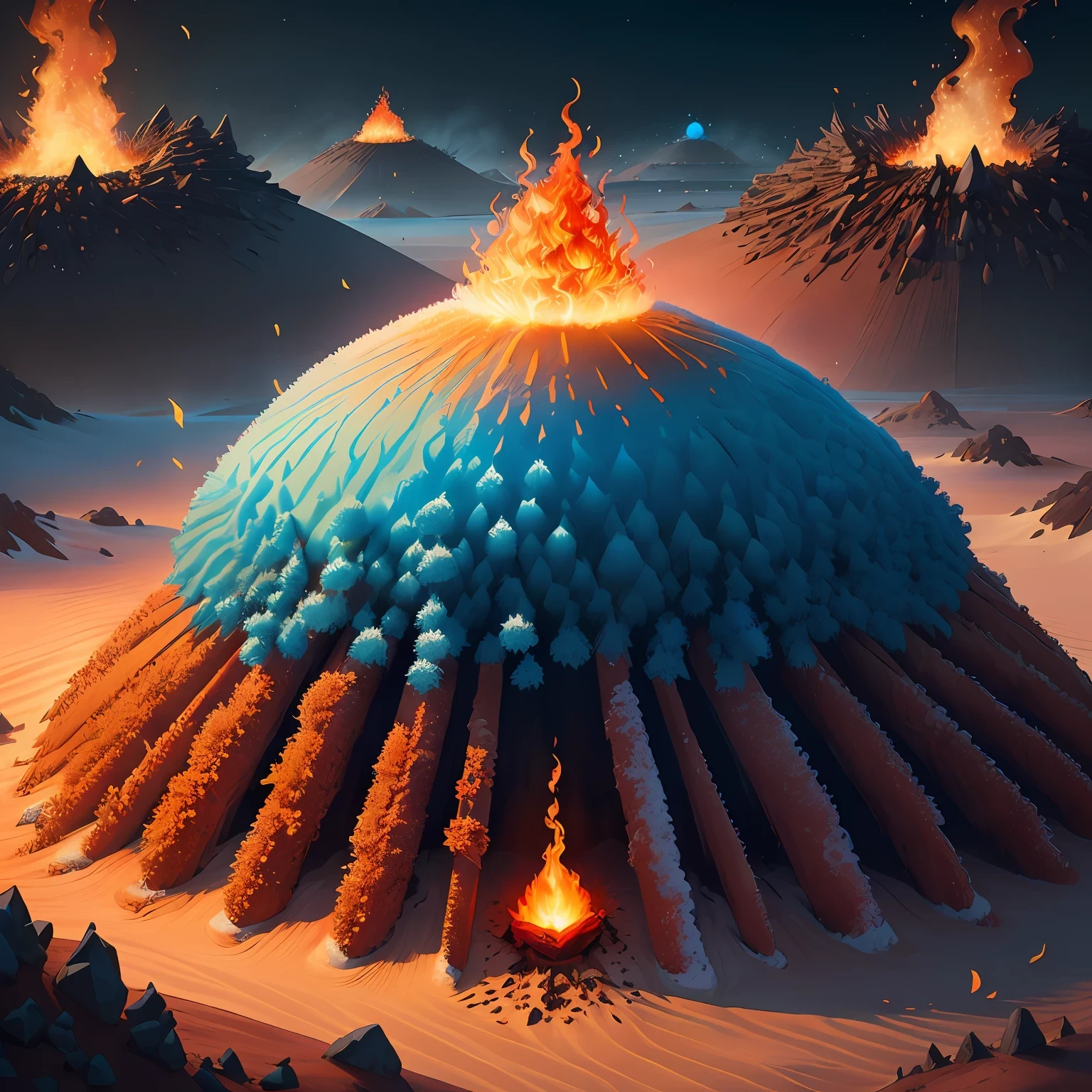 round anthill with fire and ice