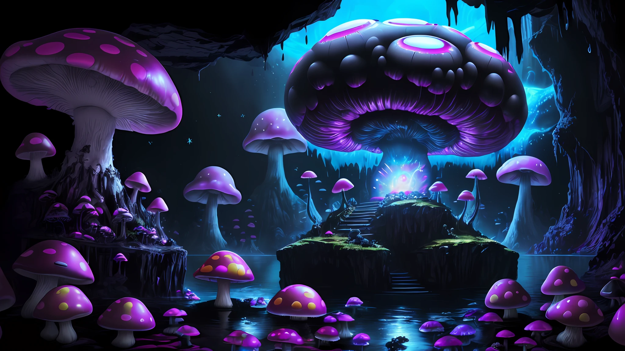 a big cave, spherical, round, (big glowing lake):1.8, no gravity, horror, dark setting, (sparkles in the air), dark (fog), lightning, grafiti, (skulls:1.1), (psychodelic:2), colorful, rgb, ((neon mushrooms)), gloomy mushrooms, radiant light, acid, LSD, beautiful, masterpiece, best quality, highres, 8k, (insanely detailed),