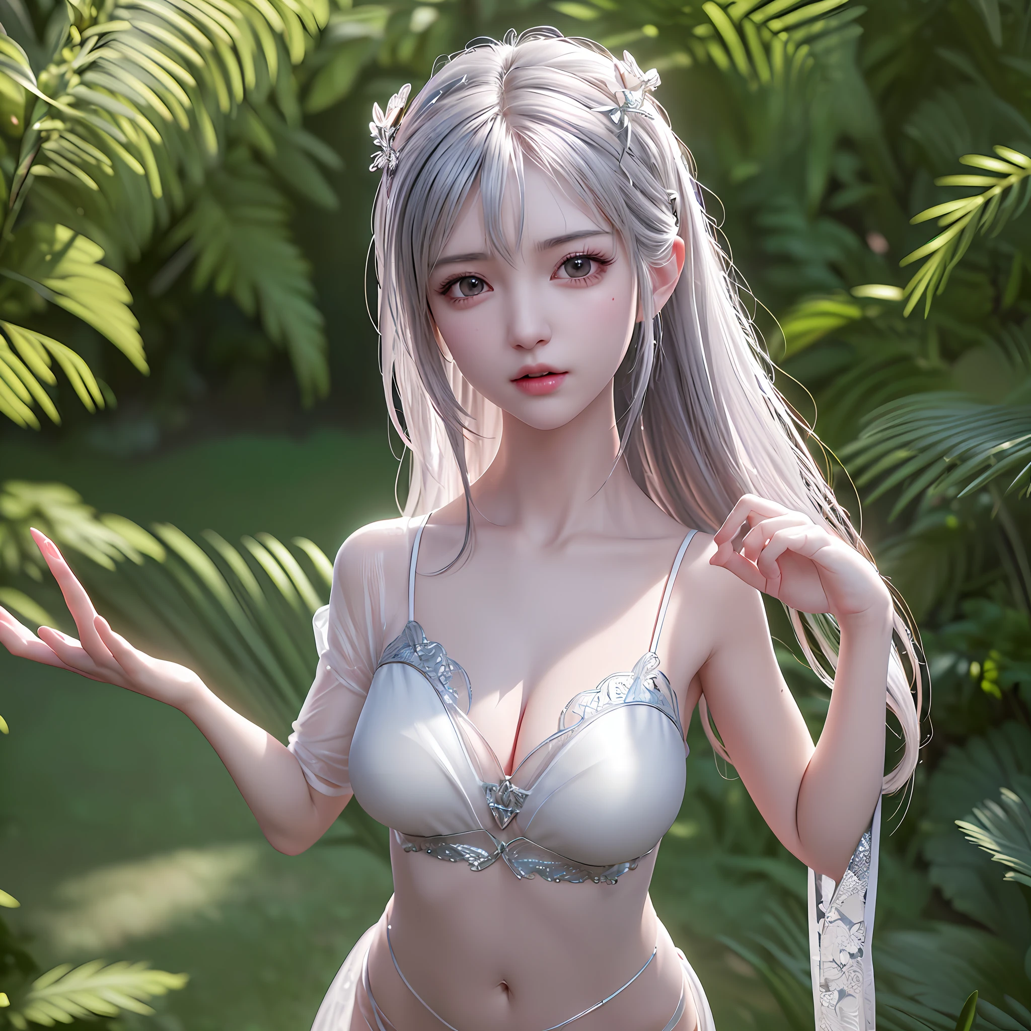 (Anti-aliasing, Intricate Detail, Art Station, Virtual Engine, DOF, Super Resolution, Megapixel, FKAA, TXAA, RTX, SSAO, Post-Processing, Post-Production, Tone Mapping, CGI, VFX, SFX, Crazy Details and Complexity, Ultra Realistic Ultra Detail, Super Detail, Realistic, Ultra Realistic, Unreal Engine, 8K, Masterpiece, Best Quality, Silver, Long Hair, Collarbone, Navel, Mid-Chest, Radiant Skin, Ray Tracing, Depth of Field, Looking at the Audience, Bump pose, restrained, a girl in seductive short-sleeved pink pajamas in the jungle, shiny breasts with sweat inside, (Evil: 2.0) (Porn: 2.0)