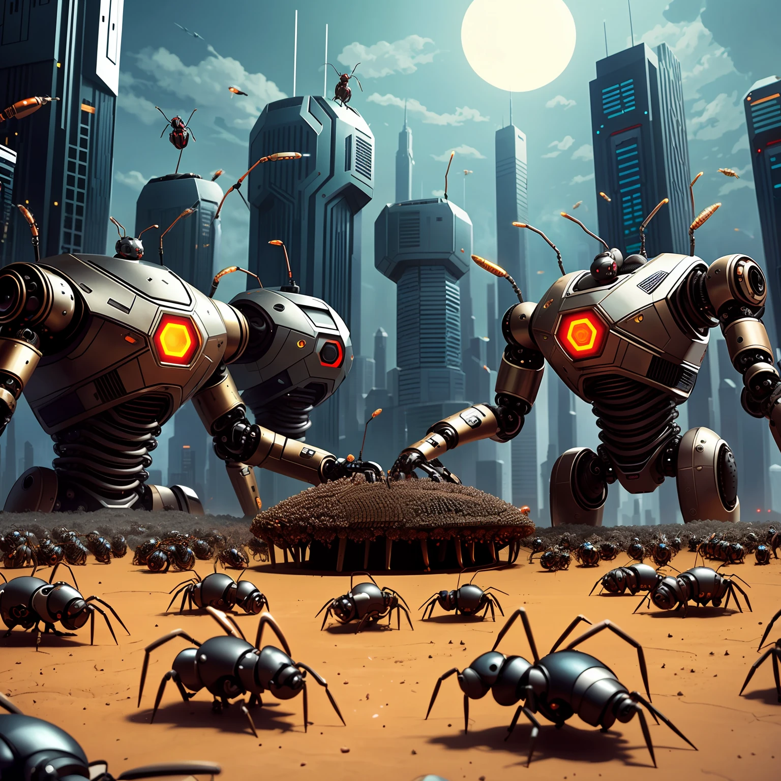 Full metal anthill with lots of ants with robotic heads on it, cyber background, fantasy, hd, upscale, aesthetic positioning