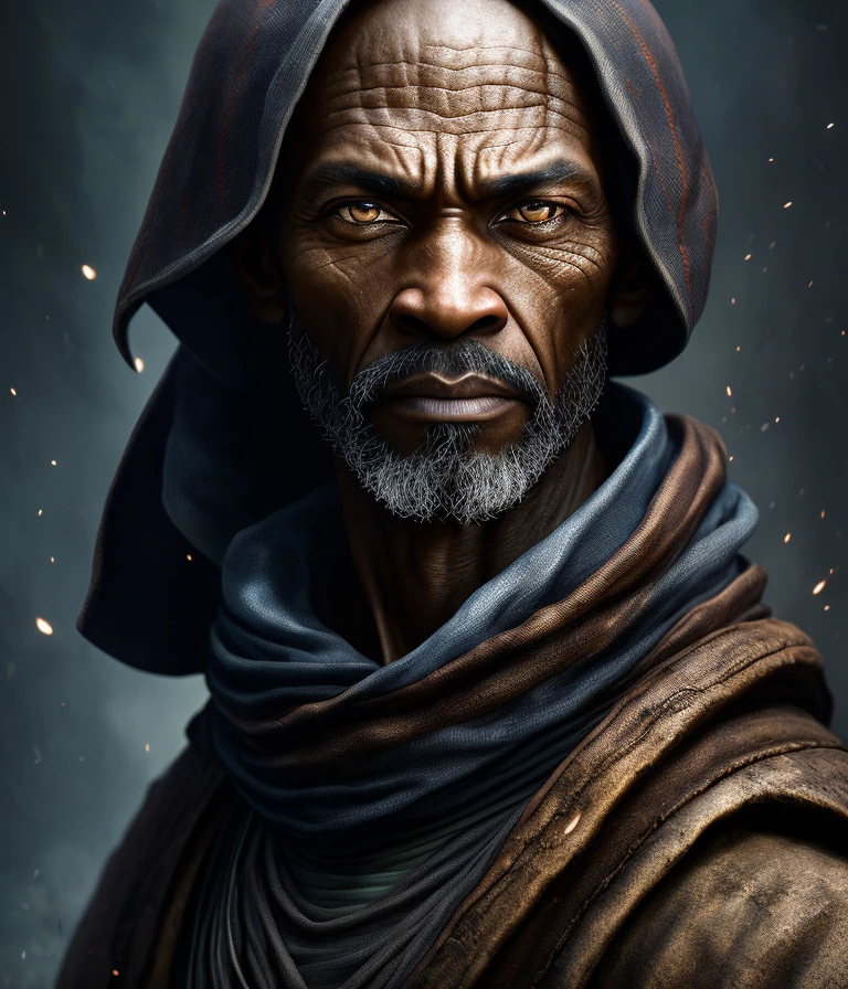 an old mulatto jedi knight, 40 years old, strength and determination in his eyes, looking at the 50 mm camera, diffused light, rebellious republic environment, award-winning magazine cover photo, hyper detailed