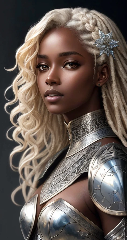 8k portrait of beautiful blonde female knight, curly hair, dark skin, african facial features, intricate, elegant, highly detailed, majestic, digital photography, art by artgerm and ruan jia and greg rutkowski surreal painting silver filigree, broken glass, (masterpiece, sidelighting, finely detailed beautiful eyes: 1.2), hdr,