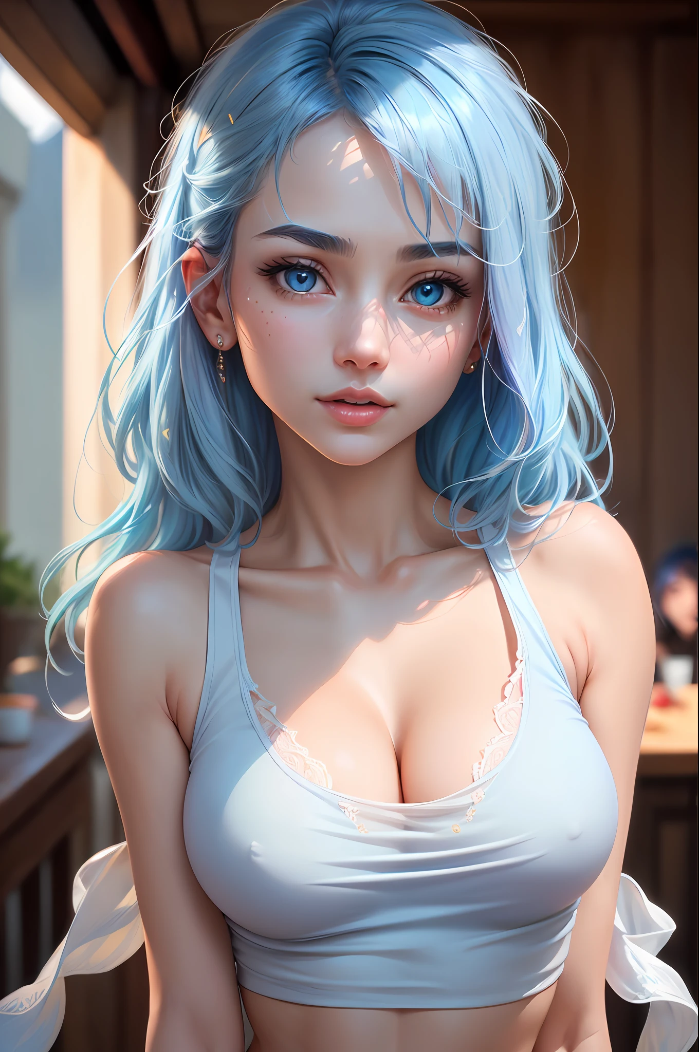 masterpiece, best quality, high quality, High definition, High quality texture, High quality shadow, high detail, beautiful detailed, finely detailed, extremely detailed cg, detailed texture, a realistic representation of the face, realistic, colorful, delicate, Cinematic Light, sidelighting, Lens Flare, Ray tracing, sharp focus, (1girl, __focus__:1.3), (intricate details, makeup, PureErosFace_V1:0.5), (detailed beautiful delicate face, detailed beautiful delicate eyes, a face of perfect proportion, high detailed skin, detailed skin, best ratio four finger and one thumb, arms under breast, wide hips, smooth midriff, skinny and thin, tank top fashion, light blue hair:1.3), bar room location