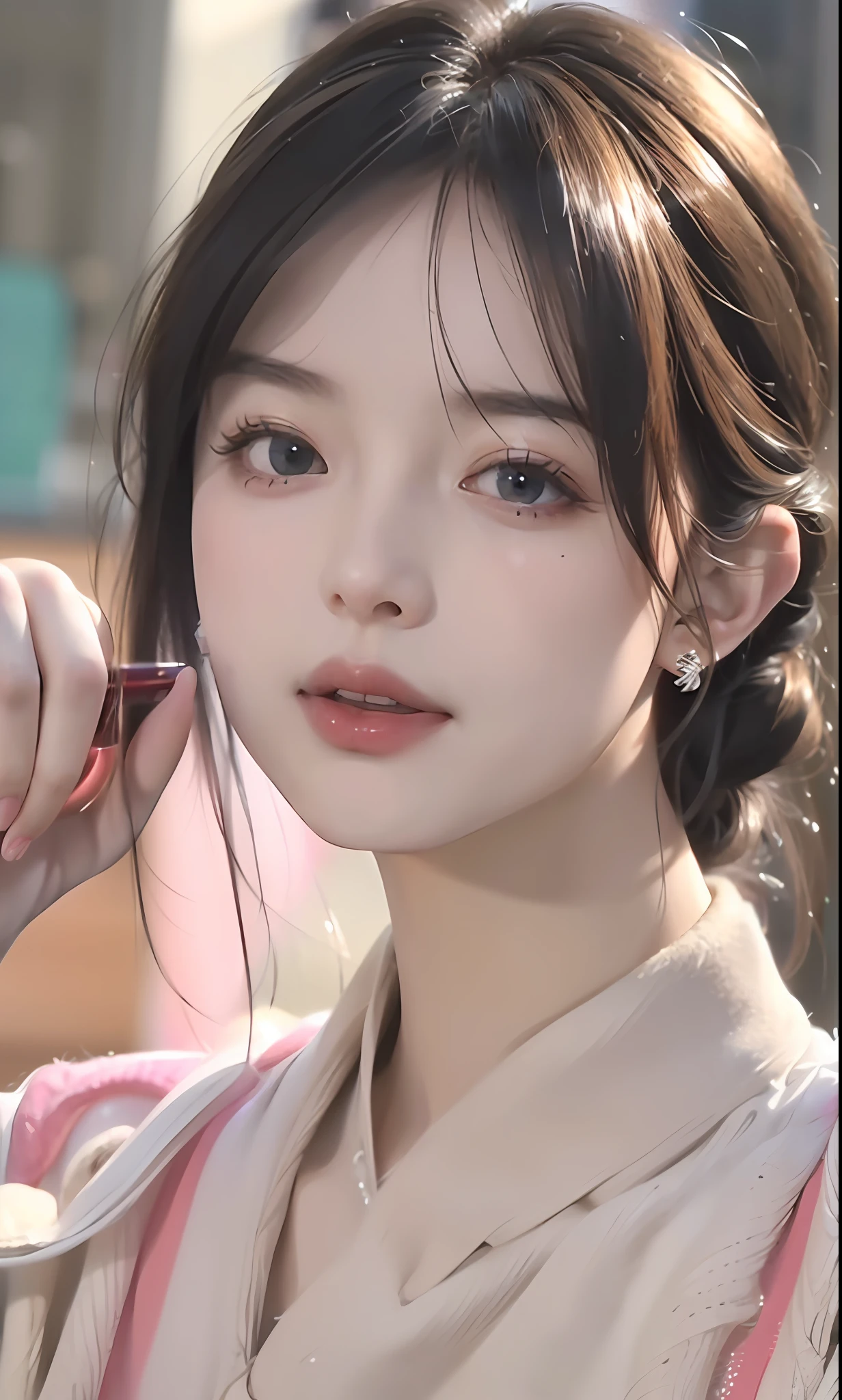 (8k, RAW photo, photorealistic:1.25) ,( lipgloss, eyelashes, gloss-face, glossy skin, best quality, ultra highres, depth of field, chromatic aberration, caustics, Broad lighting, natural shading, Kpop idol) looking at the audience With serenity and goddess-like bliss,