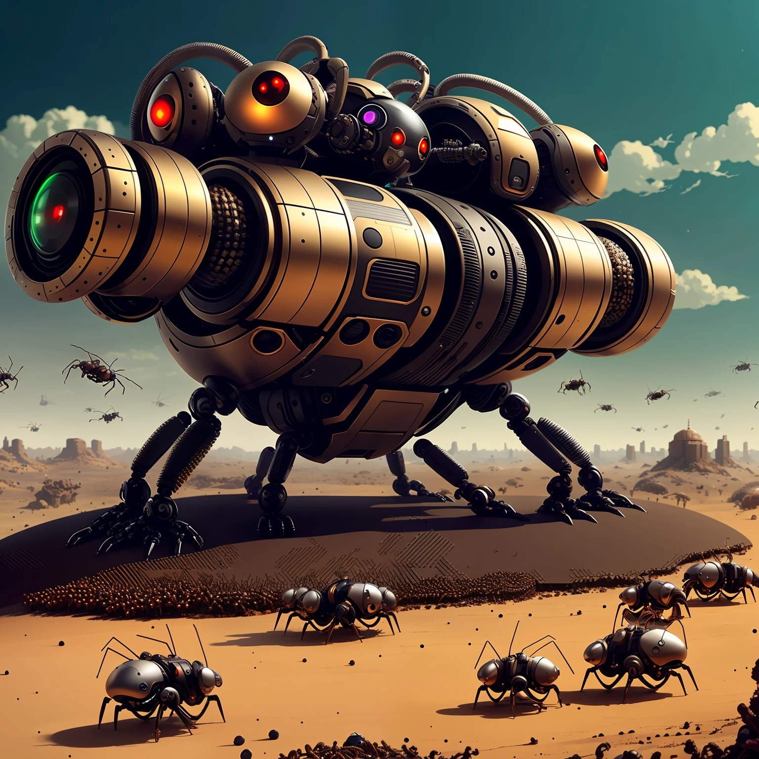 Full metal anthill with lots of ants with robotic heads on it, cyber background, fantasy, hd, upscale, aesthetic positioning