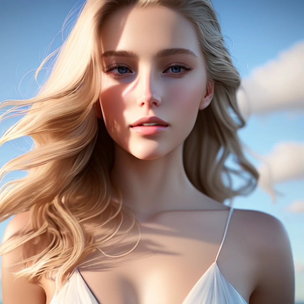in the picture we can only see hair and a bare shoulder, on the right side of the image, (((rear view))), (((the face is out of frame))), the face cannot seen, the face is not visible, there is no face in the picture only hair and a bare shoulder on the right, blue sky in the background, close up photo, homogenous blue sky, extra long blonde brown wavy hair blown in the wind, ((hyperrealistic)), highly detailed, sharp focus, 8K, ultra quality, UHD, crystal clear, ((stunningly beautiful)), extremely detailed, high detailed skin, high detailed hair, cinematic lighting, wide angle, Canon 5d