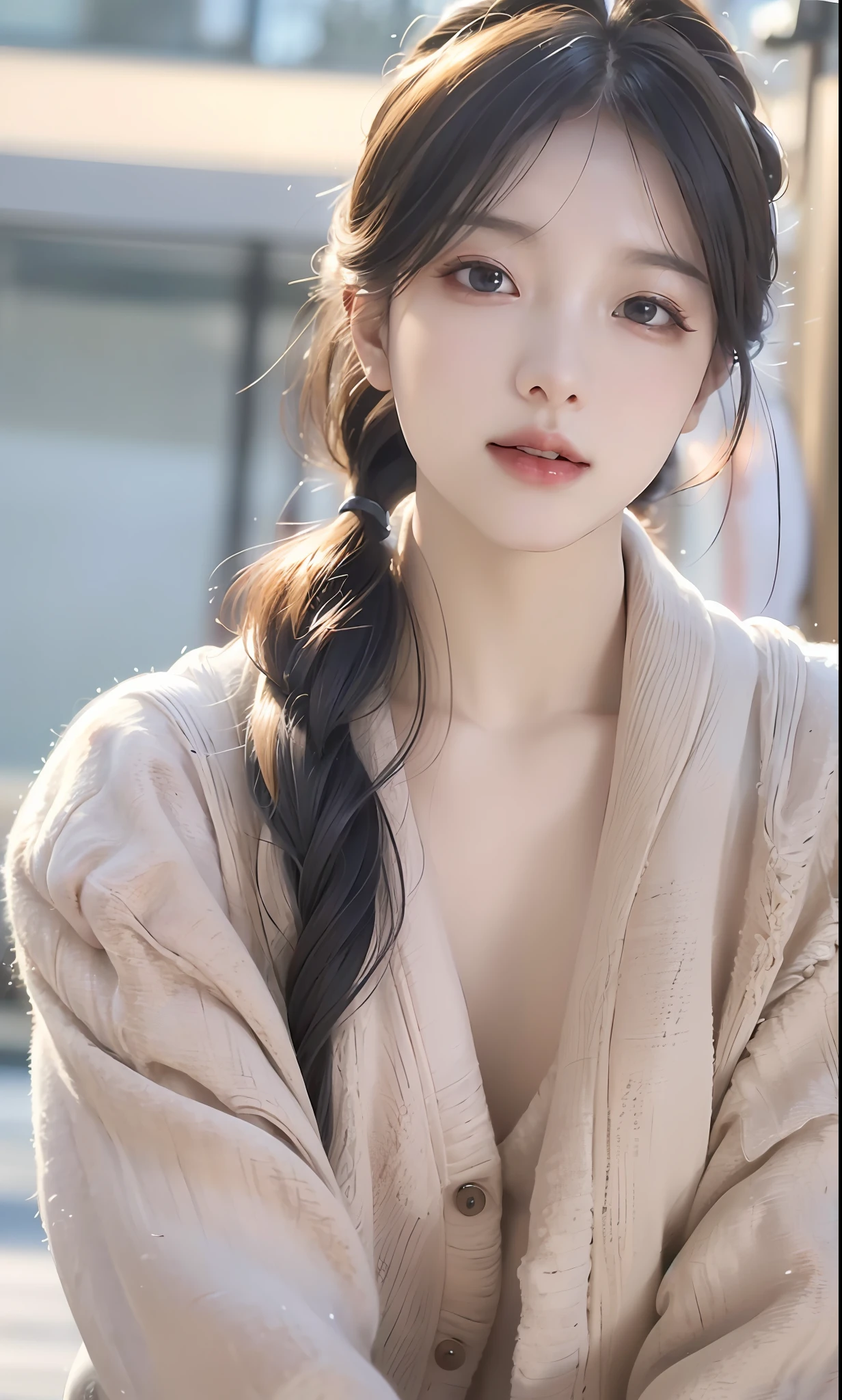 (8k, RAW photo, photorealistic:1.25) ,( lip gloss, eyelashes, glossy finish, glossy skin, best quality, super high resolution, depth of field, chromatic aberration, caustics, wide light, natural shadow, Kpop idol) look with serenity and goddess-like bliss to the spectators,