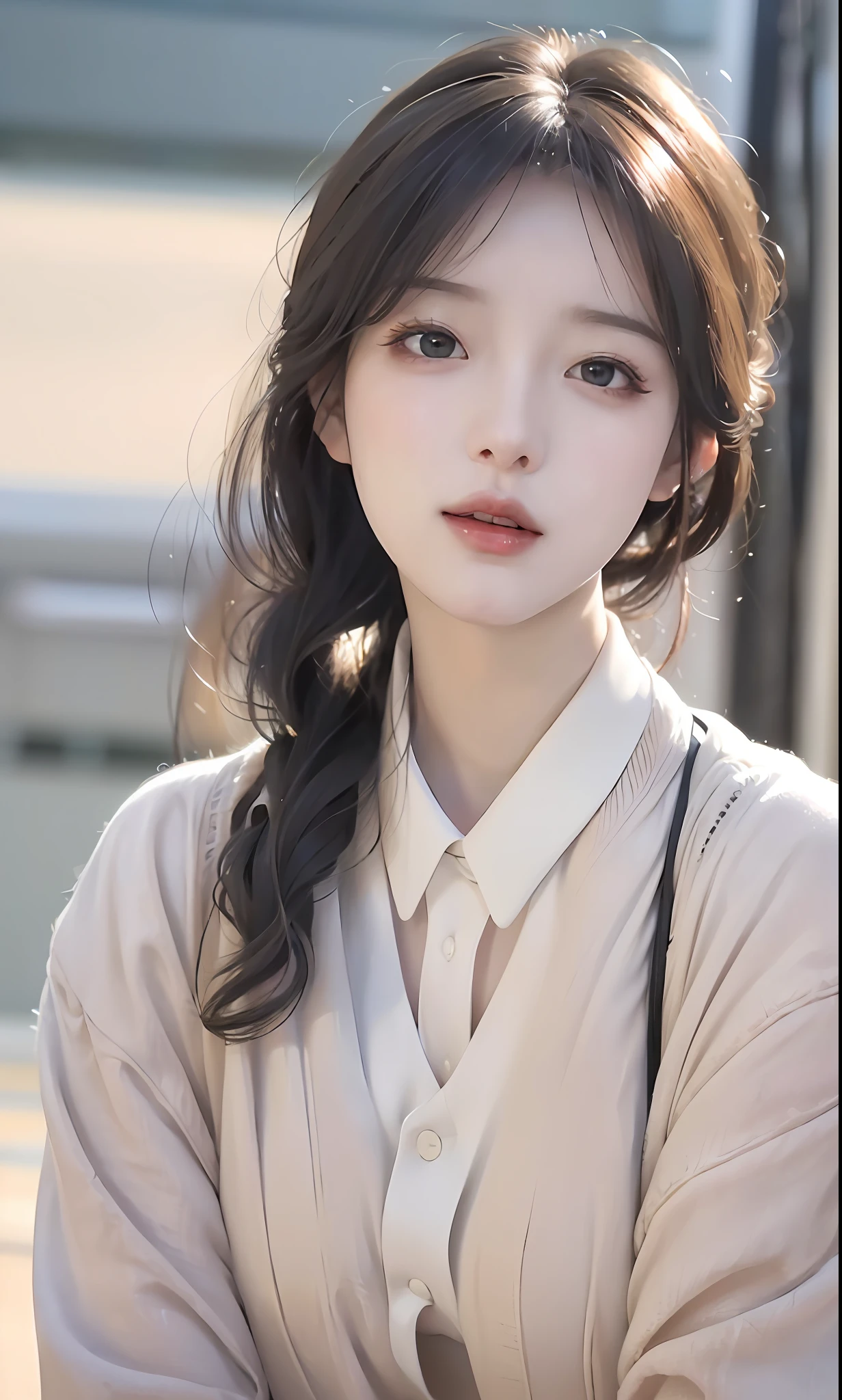 (8k, RAW photo, photorealistic:1.25) ,( lip gloss, eyelashes, glossy finish, glossy skin, best quality, super high resolution, depth of field, chromatic aberration, caustics, wide light, natural shadow, Kpop idol) look with serenity and goddess-like bliss to the spectators,